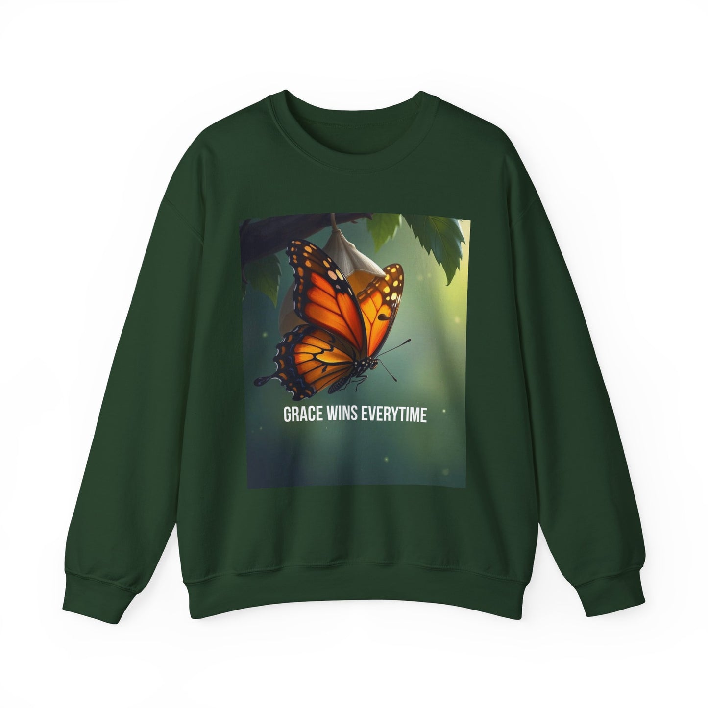 Crewneck Sweatshirt — Grace Wins Everytime Monarch Butterfly Inspirational Tee