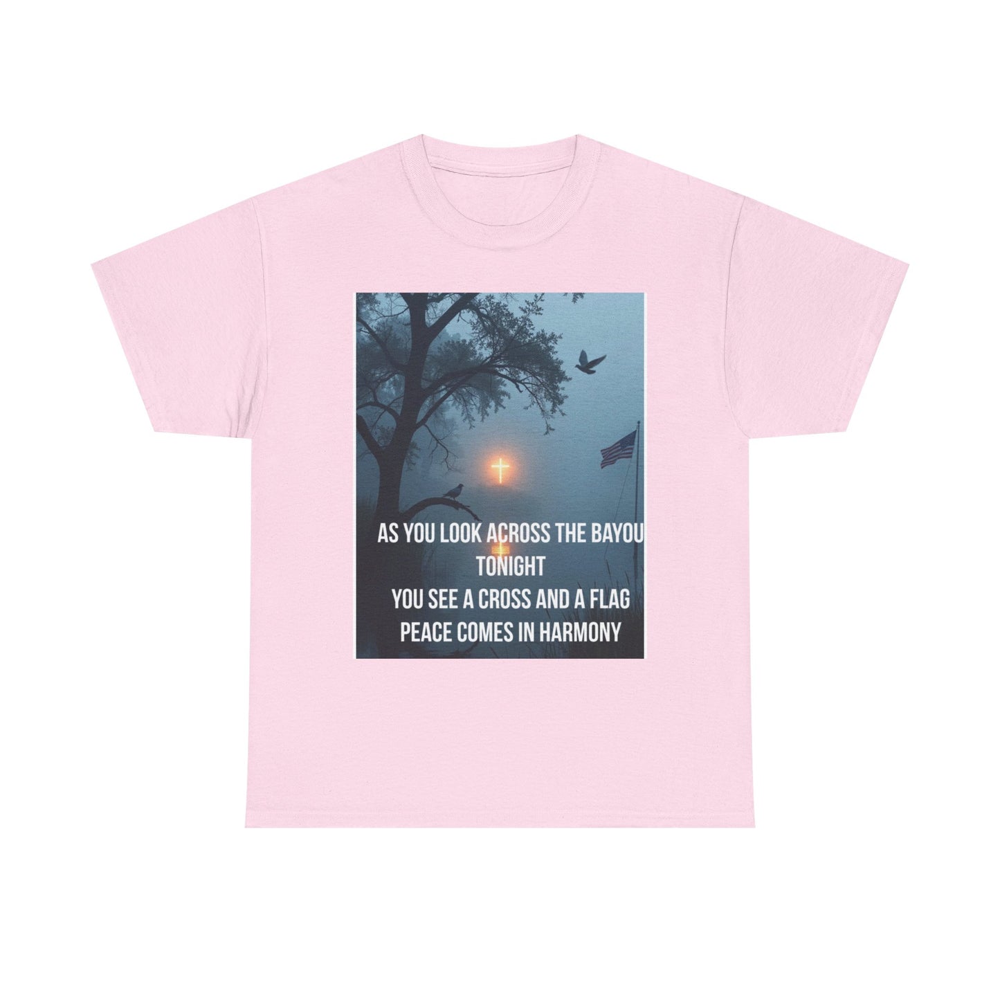 T-Shirt — Bayou Sunset Cross & Flag Graphic Tee ("As You Look Across the Bayou Tonight")
