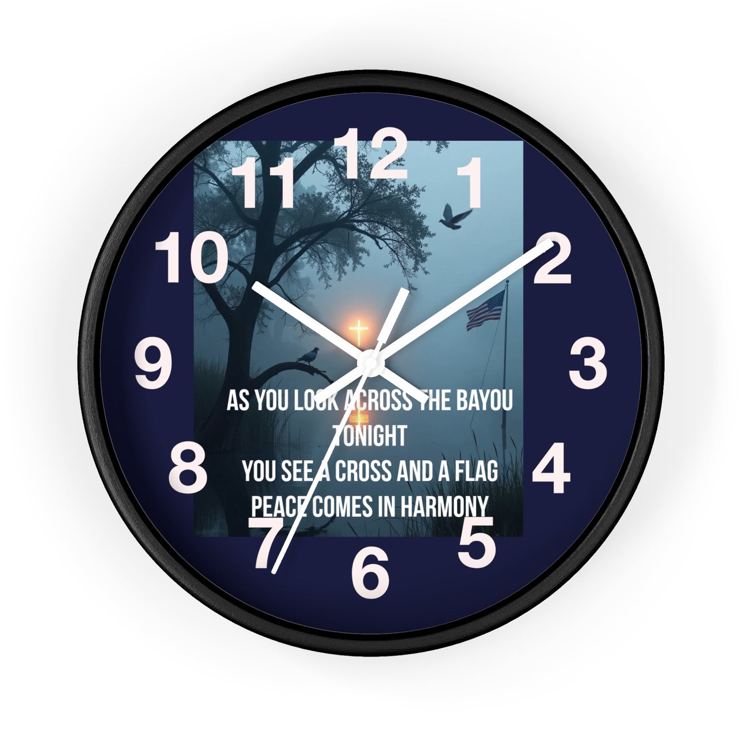 Bayou Cross & Flag Wall Clock — Patriotic Peaceful Sunset Decor