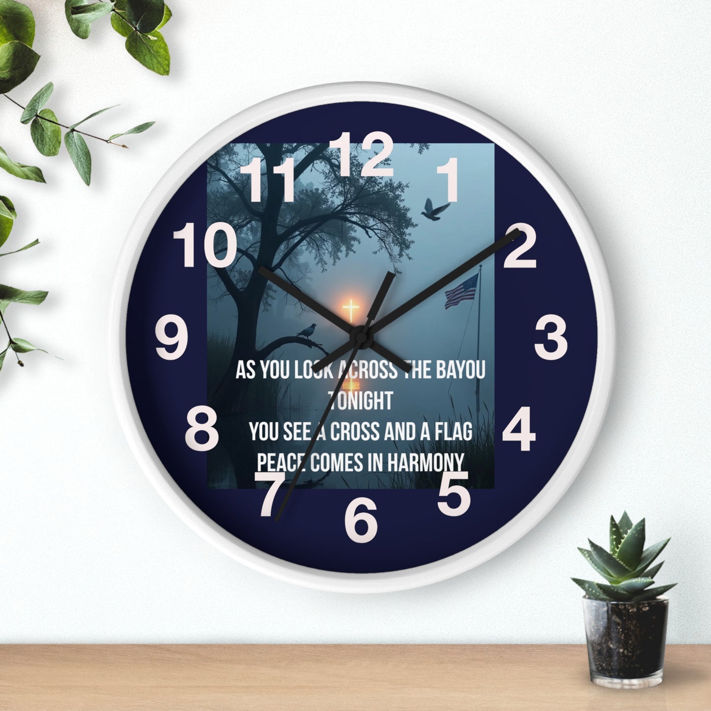 Bayou Cross & Flag Wall Clock — Patriotic Peaceful Sunset Decor