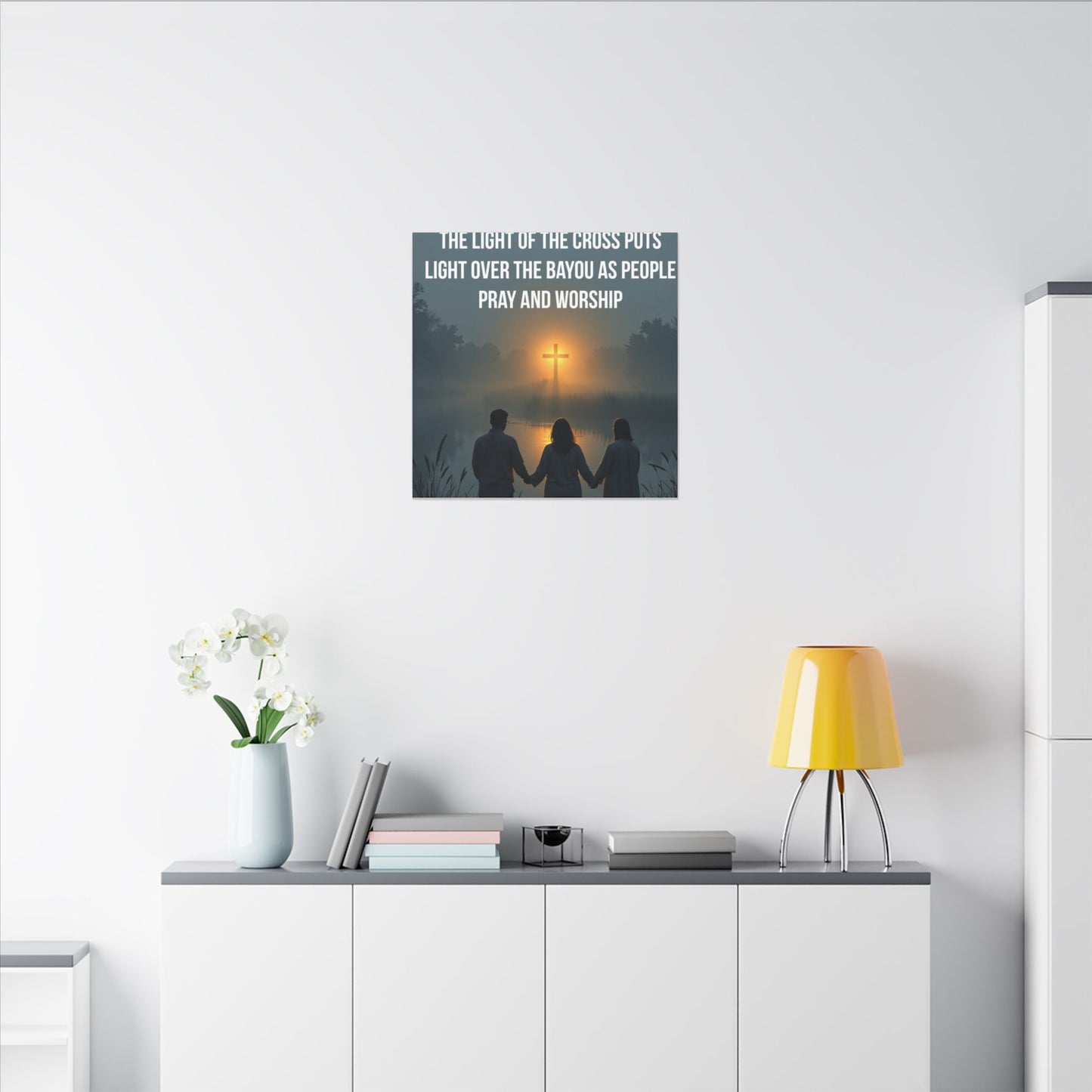 Faith Wall Art Canvas — “The Light of the Cross Puts Light Over the Bayou as People Pray and Worship”