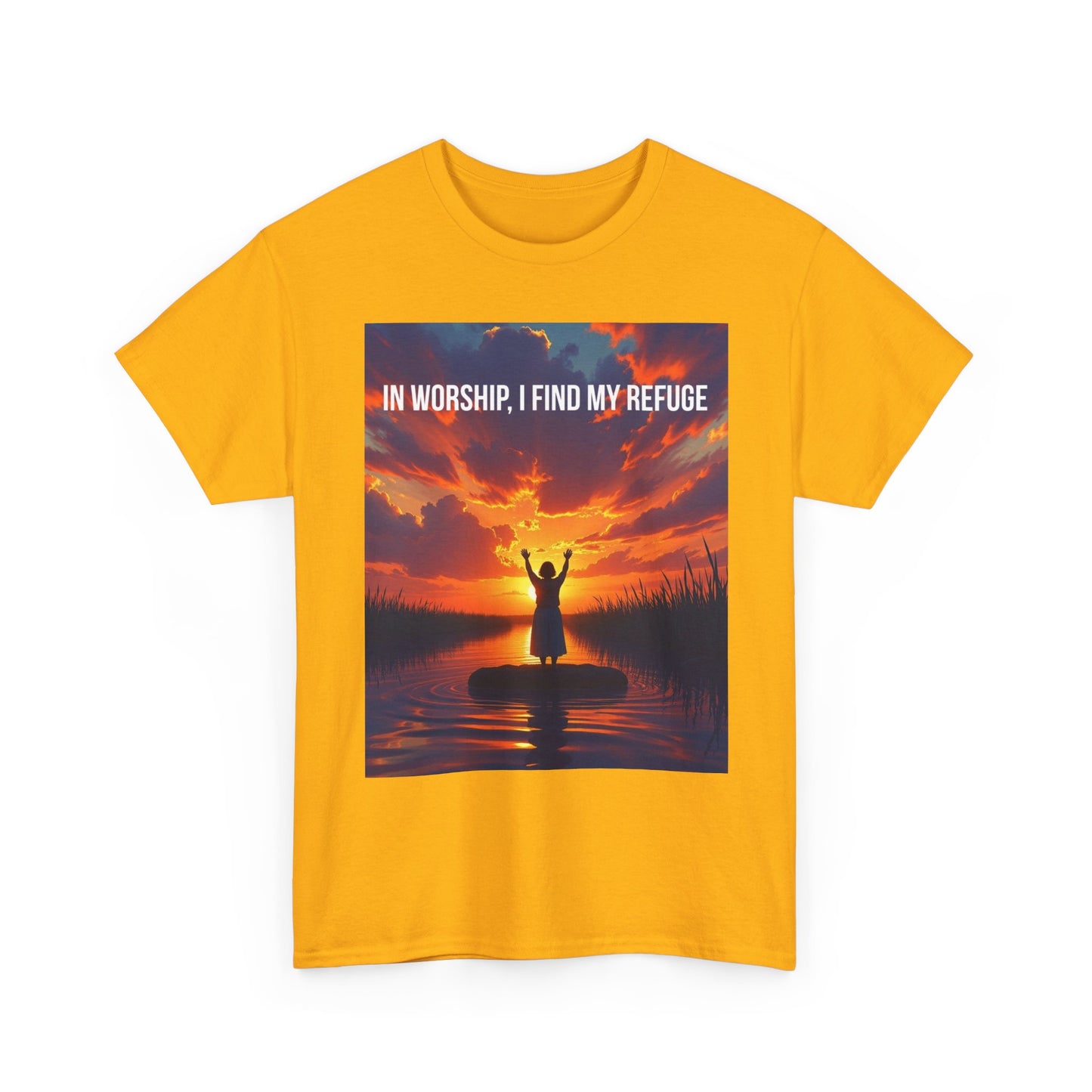Worship Refuge T-Shirt — "In Worship, I Find My Refuge" Sunset Silhouette Christian Tee