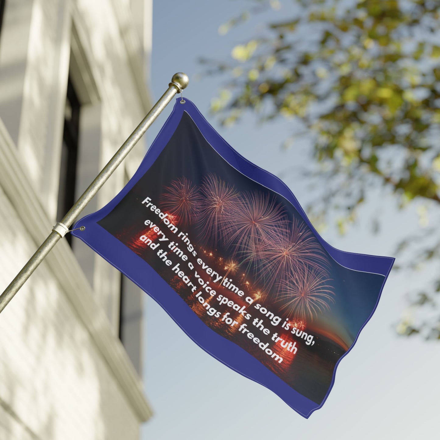Patriotic Fireworks Flag — "Freedom rings every time a song is sung" Double-Sided Garden Flag
