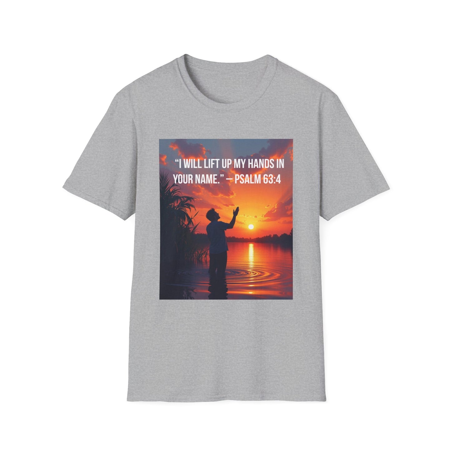 Psalm 63:4 Sunset Prayer T-Shirt — "I Will Lift Up My Hands in Your Name" Christian Tee