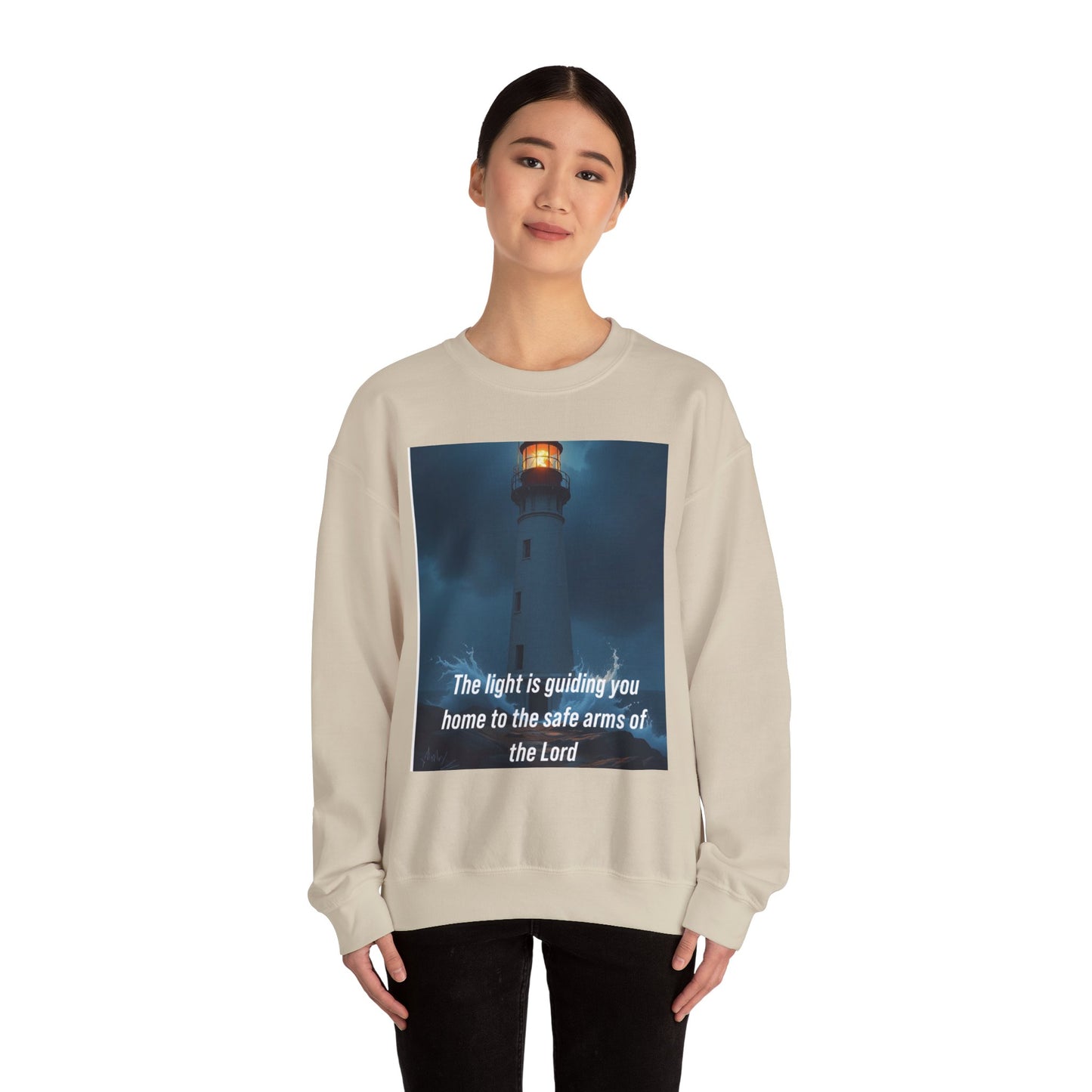 Faith Lighthouse Sweatshirt — "The light is guiding you home to the safe arms of the Lord"