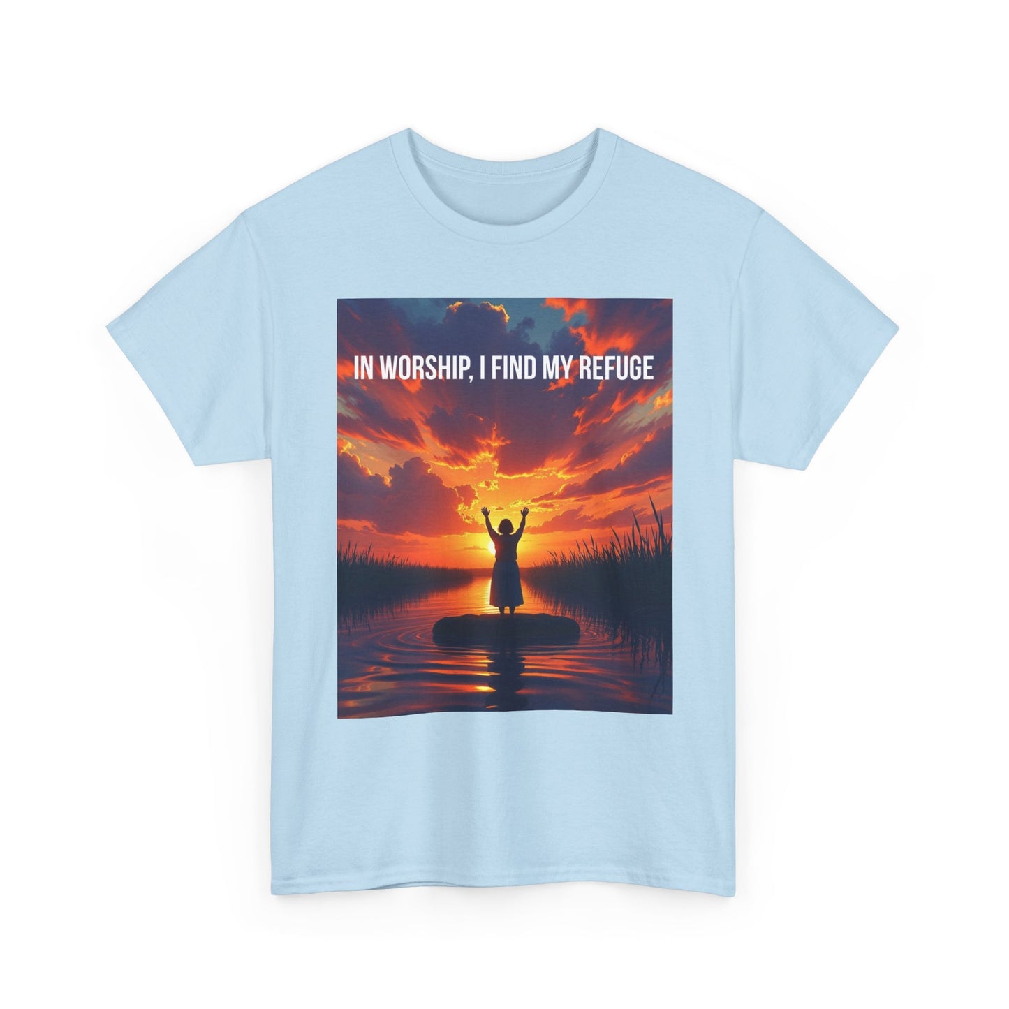 Worship Refuge T-Shirt — "In Worship, I Find My Refuge" Sunset Silhouette Christian Tee