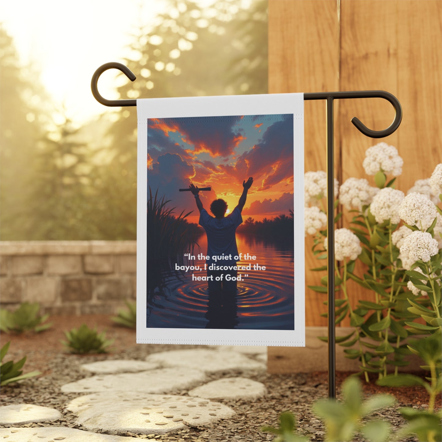 Christian Garden Flag — “In the quiet of the bayou, I discovered the heart of God” Sunset Prayer Design