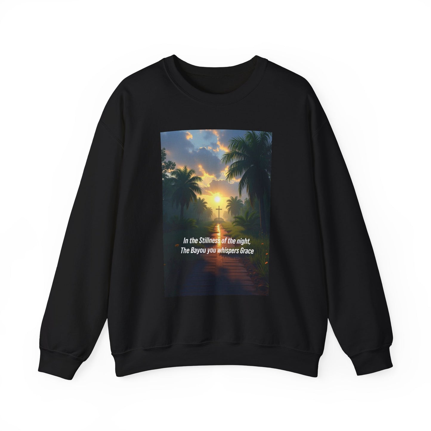 Sunset Palm Cross Sweatshirt — 'In the stillness of the night, The Bayou you whisper Grace'