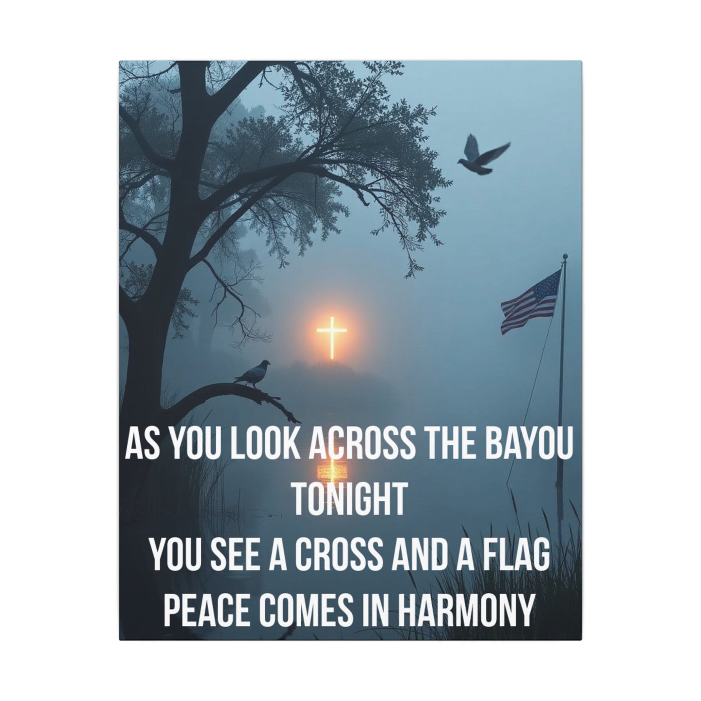 Bayou Cross & Flag Matte Canvas Wall Art – Inspirational Patriotic Christian Quote