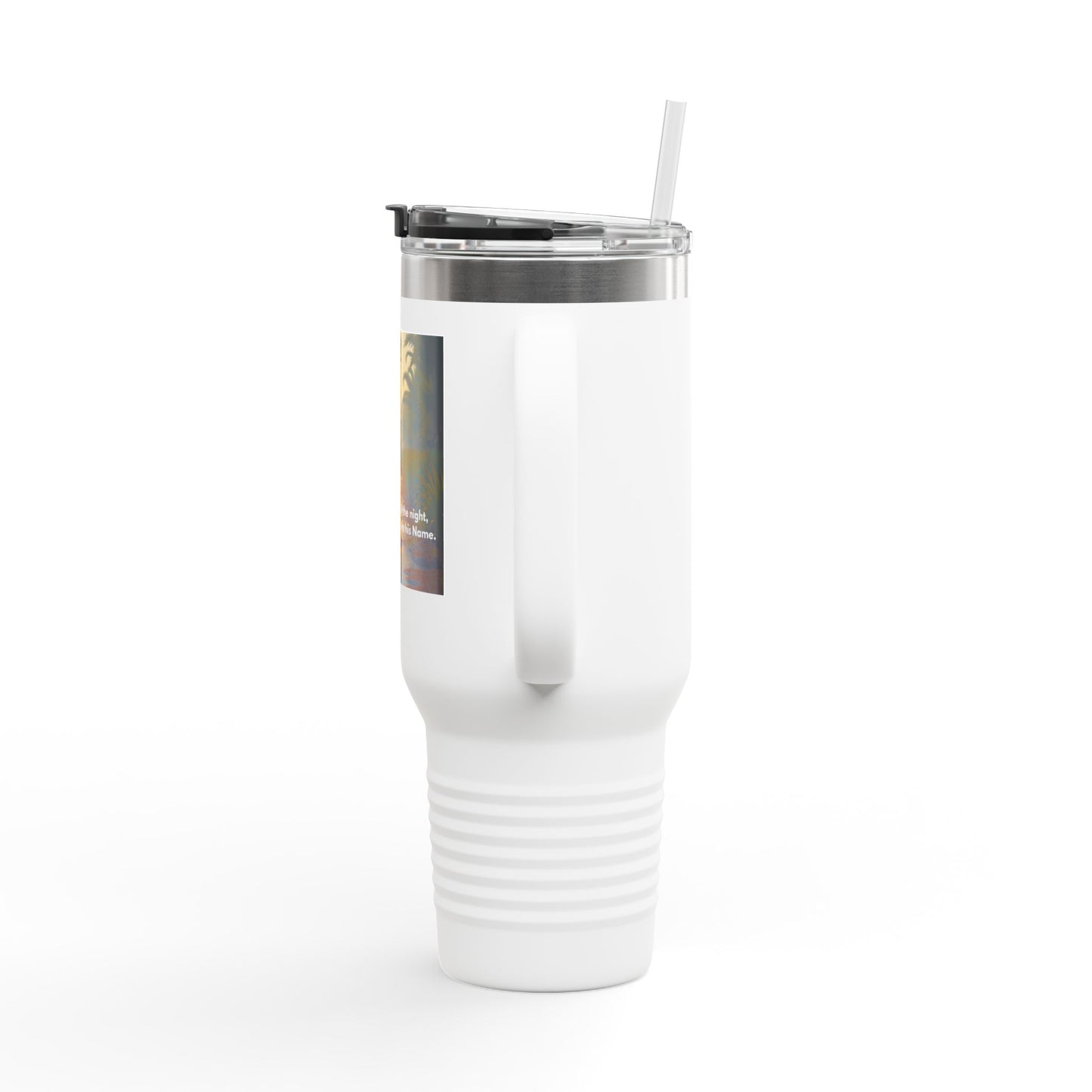 40oz Insulated Travel Mug — Tropical Sunset Scenic Design with Inspirational Quote