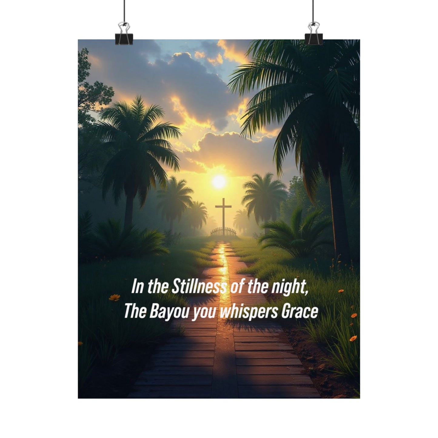 Christian Bayou Sunset Satin Poster — "In the Stillness of the Night, The Bayou You Whispers Grace"