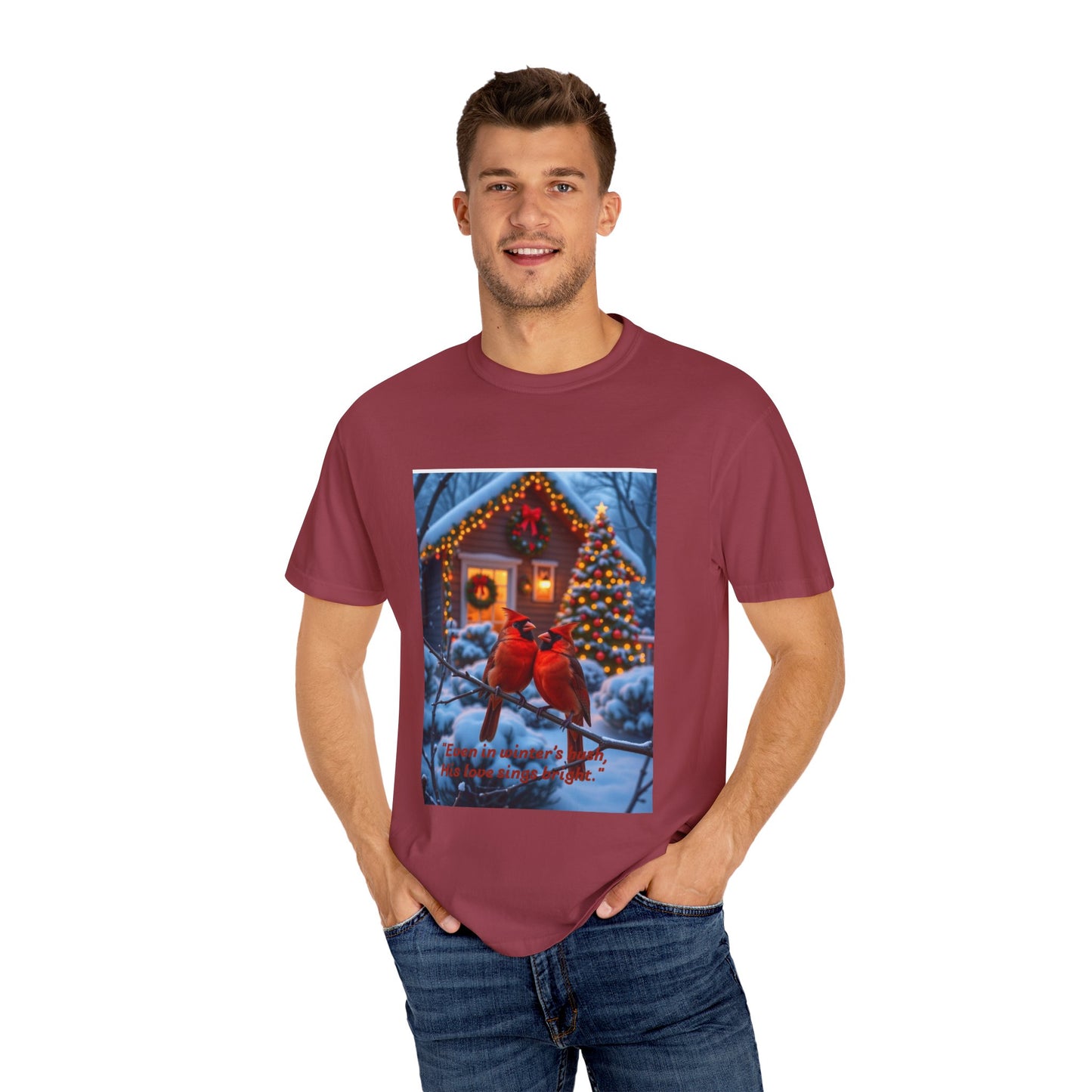 Cozy Winter Cardinal T-Shirt, Holiday Apparel, Unisex Gift, Christmas Shirt, Winter Wonderland Tee, Festive Bird Design