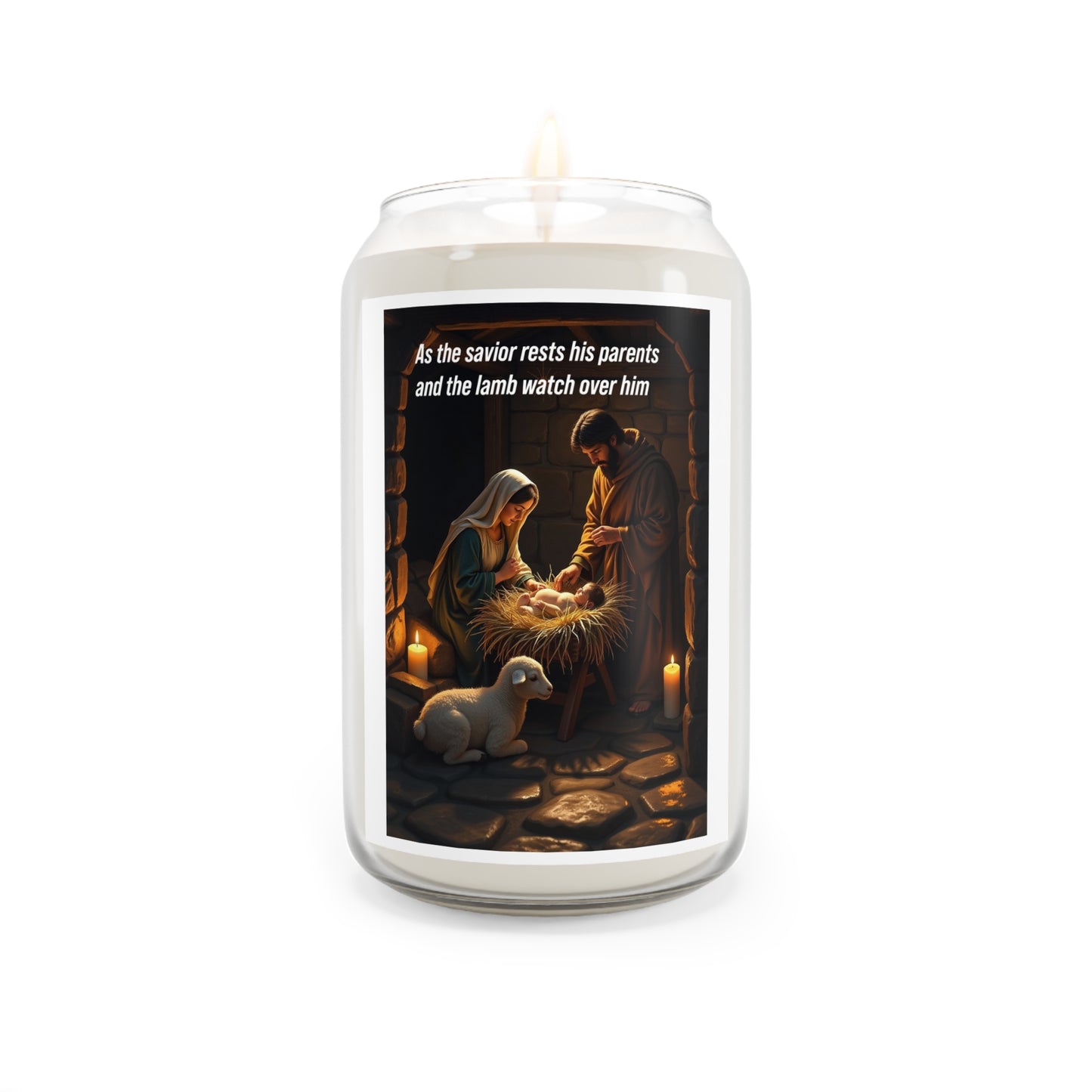 The savior rests as his parents and the lamb watch over him