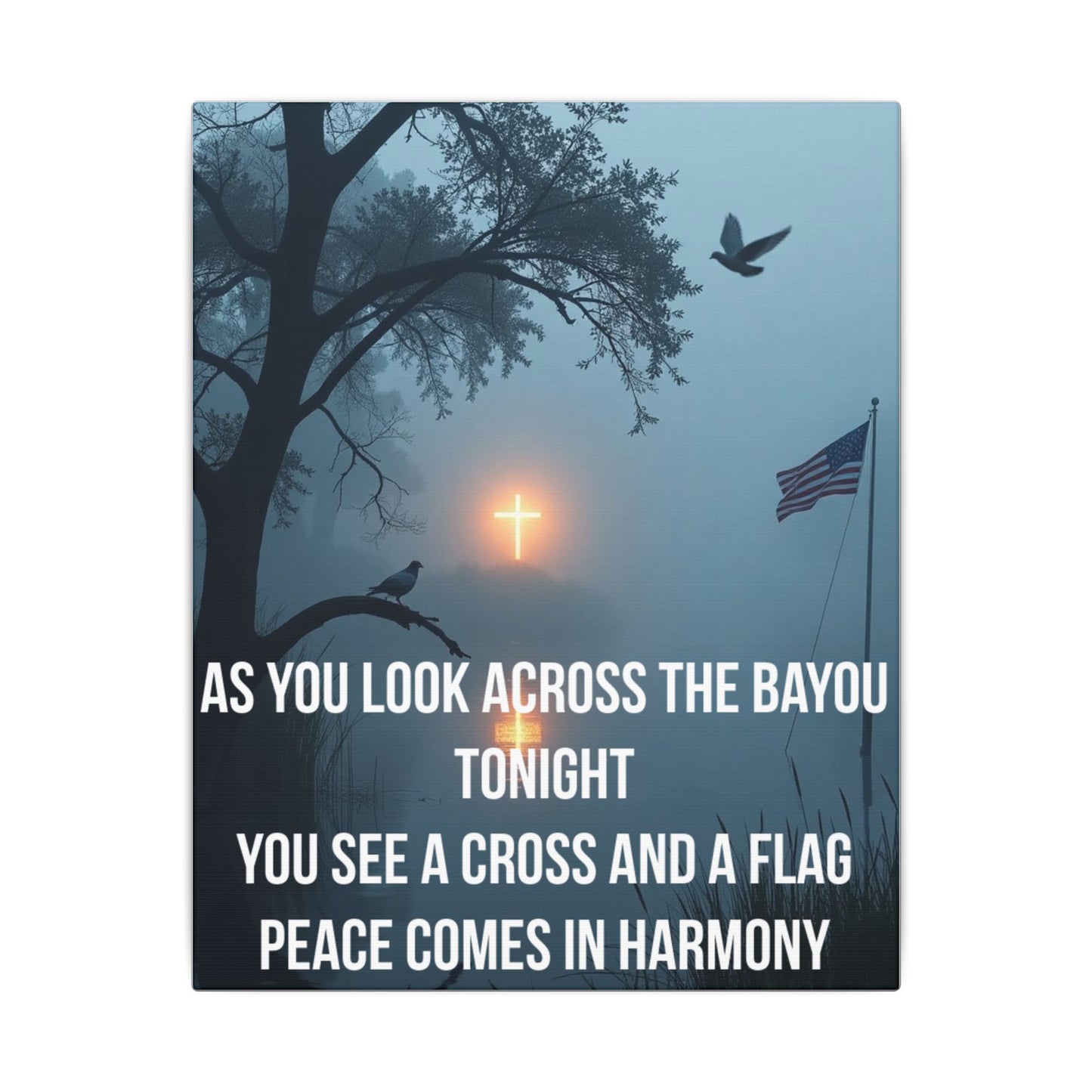 Bayou Cross & Flag Matte Canvas Wall Art – Inspirational Patriotic Christian Quote