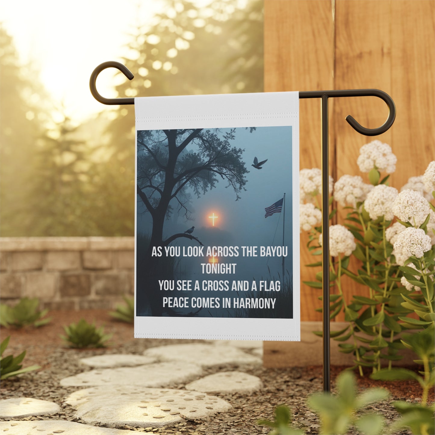 Garden Flag — "As You Look Across the Bayou Tonight" Cross & Flag Memorial Design
