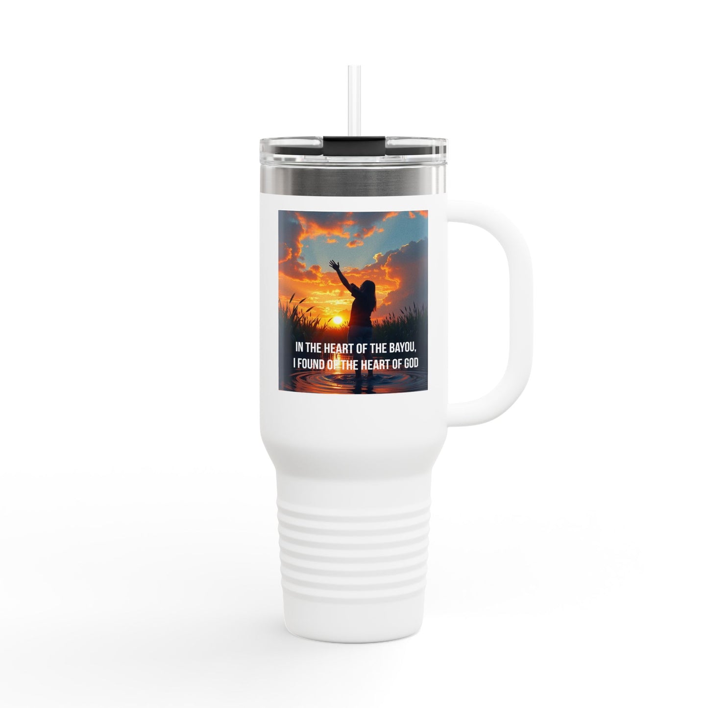 40oz Insulated Travel Mug — "In the Heart of the Bayou I Found Home (Sunset Silhouette)"