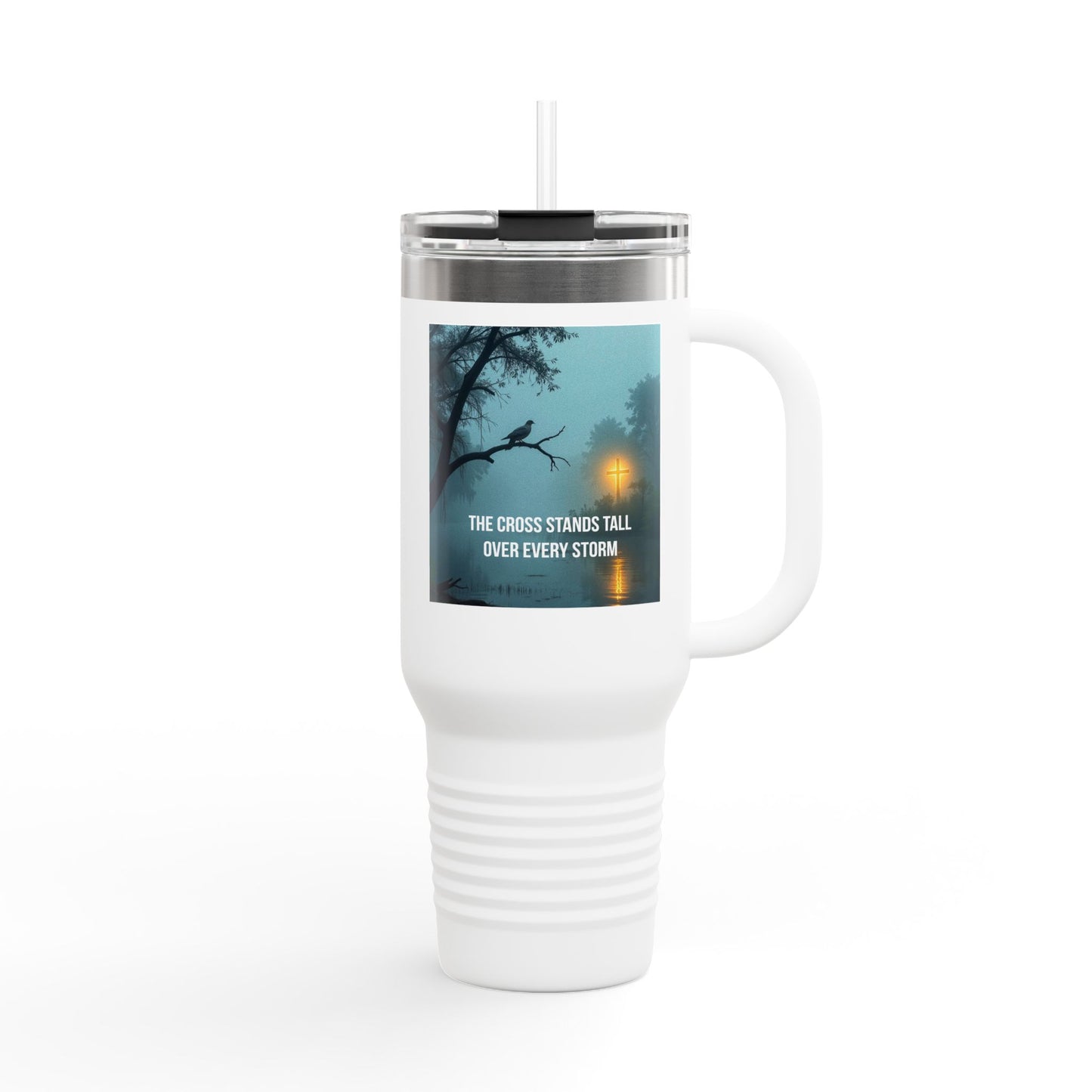 40oz Insulated Travel Mug — "The Cross Stands Tall Over Every Storm" Scenic Faith Design