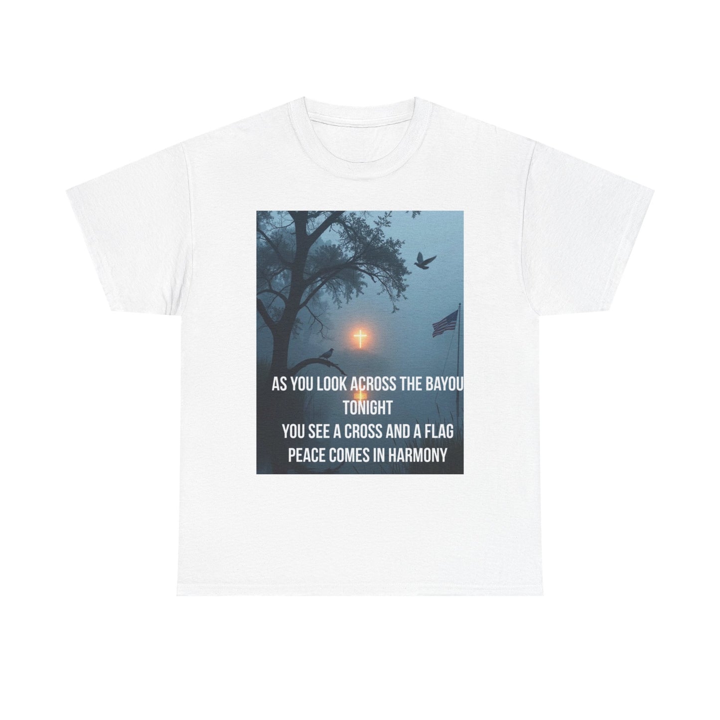 T-Shirt — Bayou Sunset Cross & Flag Graphic Tee ("As You Look Across the Bayou Tonight")
