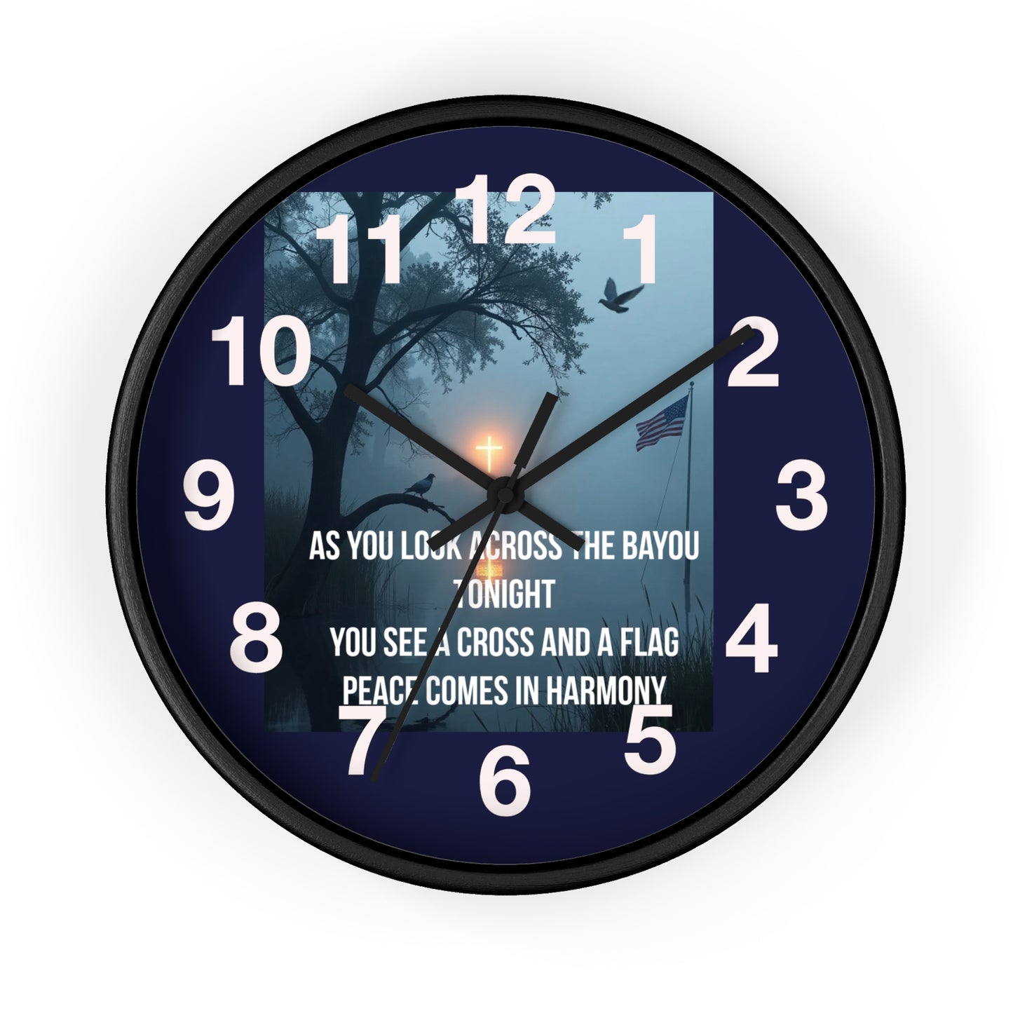 Bayou Cross & Flag Wall Clock — Patriotic Peaceful Sunset Decor