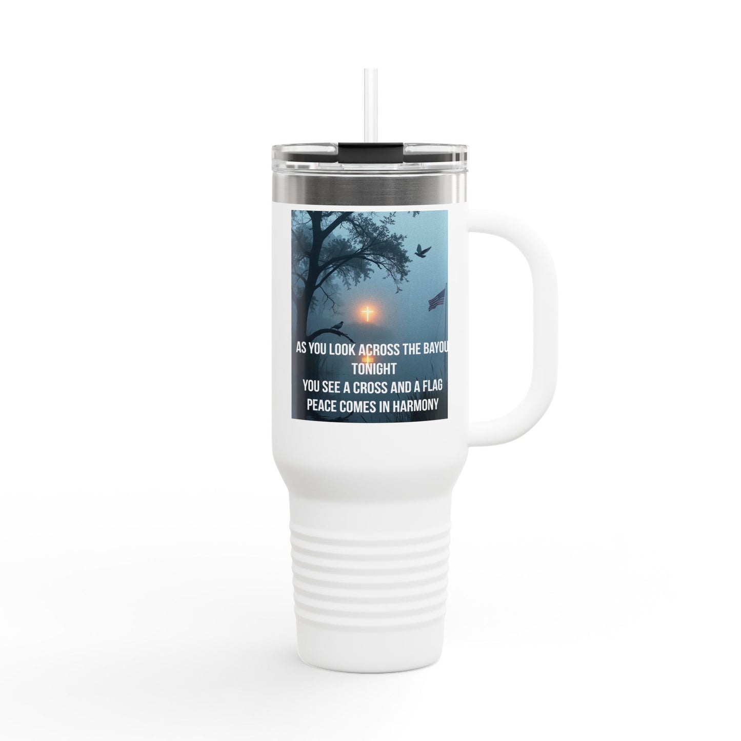 40oz Insulated Travel Mug — Scenic Sunset Peace Quote Design