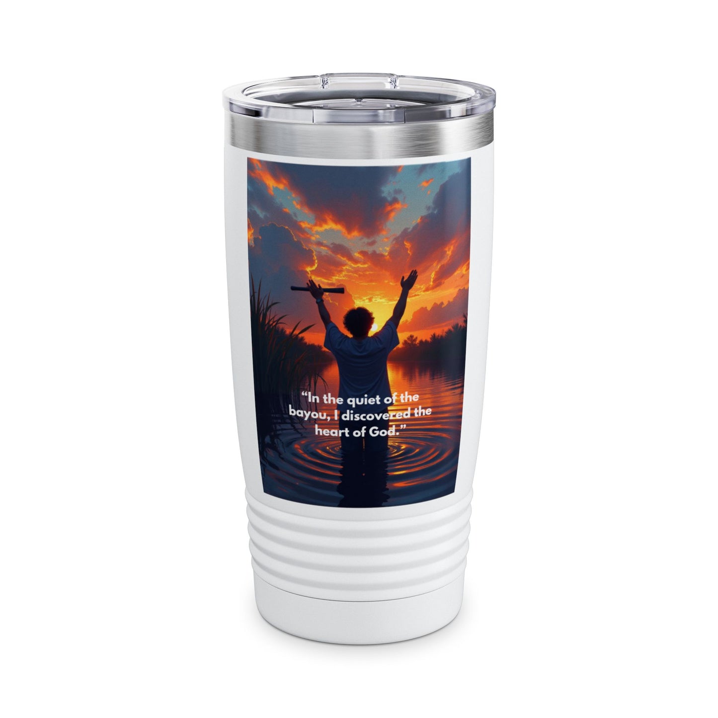Inspirational Bayou Sunset Tumbler — 20oz Ringneck with 'In the quiet of the bayou, I discovered the heart of God'