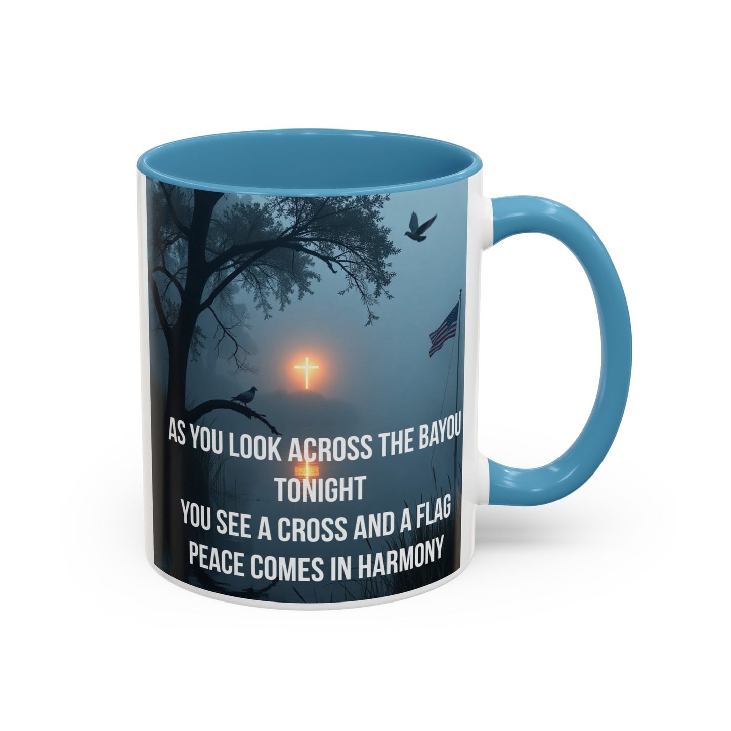 Bayou Cross & Flag Coffee Mug — Inspirational Southern Scene with Peaceful Verse (11/15 oz)
