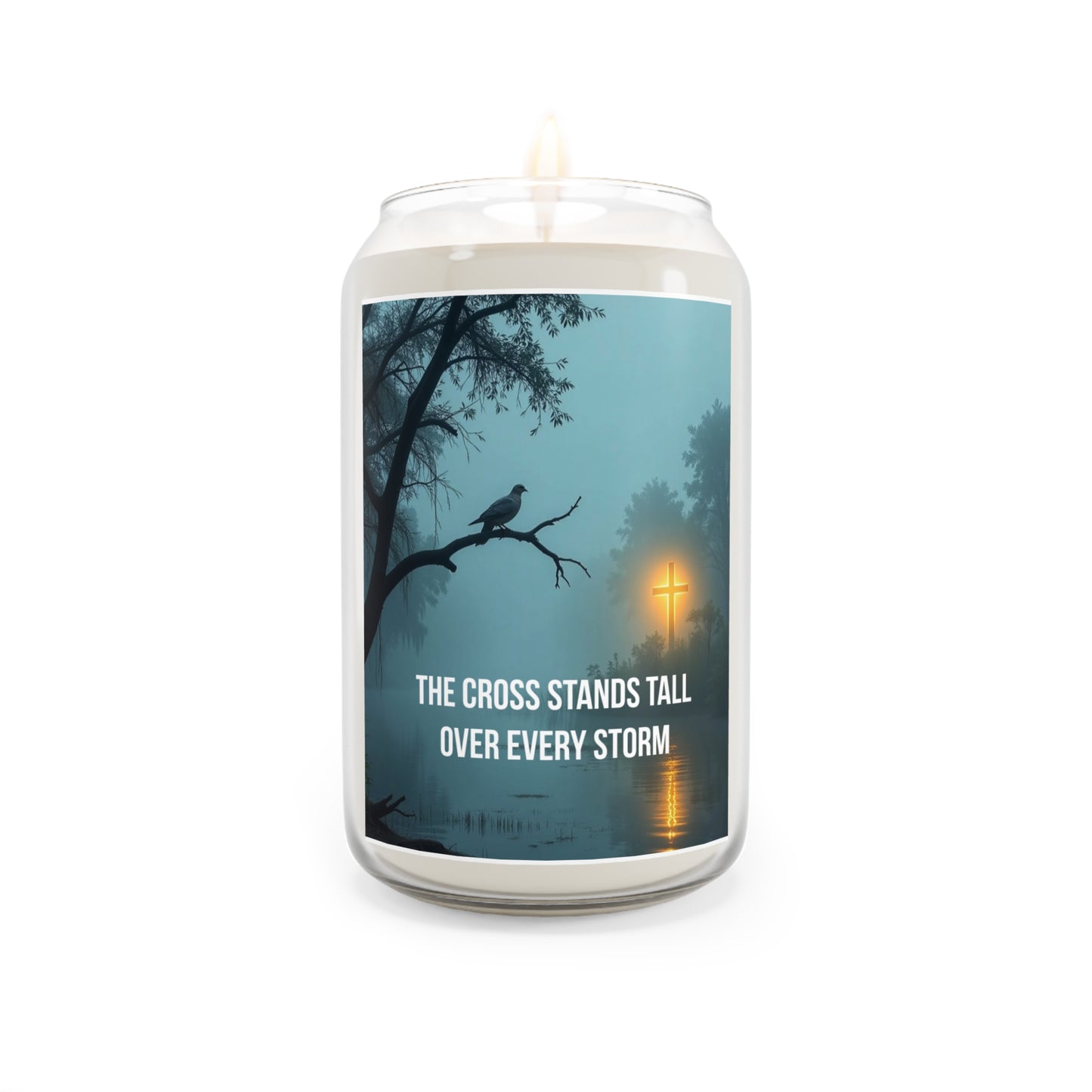Inspirational Soy Candle — "The Cross Stands Tall Over Every Storm" (13.75 oz)