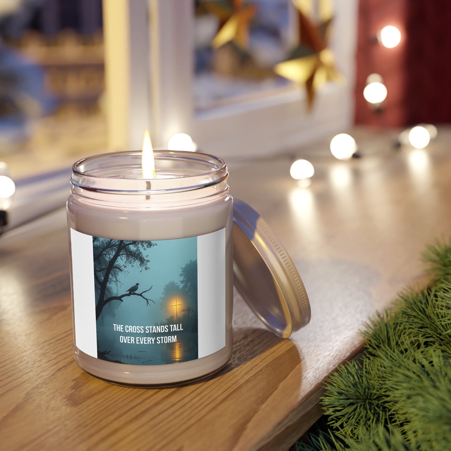 Inspirational Cross Soy Candle — "The Cross Stands Tall Over Every Storm" (9oz)