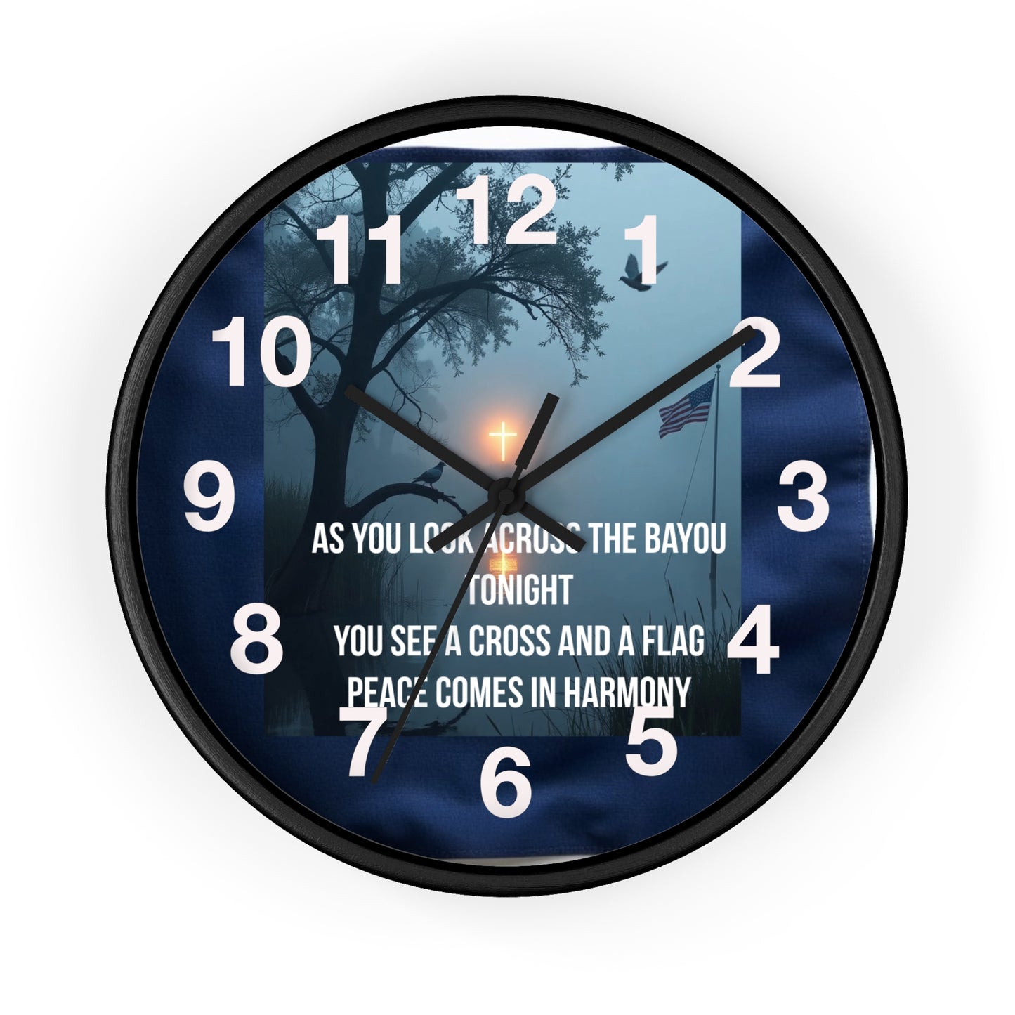 Bayou Cross & Flag Wall Clock — Patriotic Peaceful Scene with Lyrics