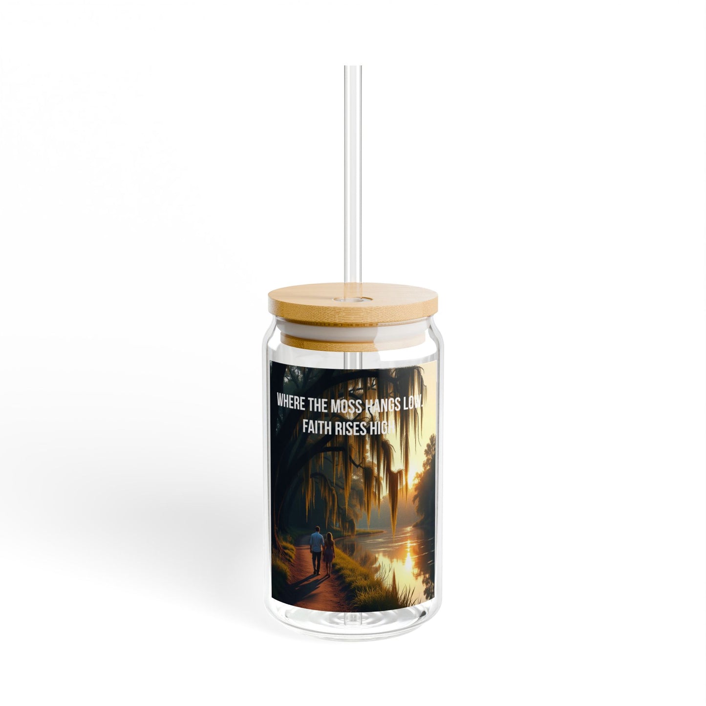 16oz Inspirational Sipper Glass with Bamboo Lid — 'Where the Moss Hangs Low, Faith Rises High'
