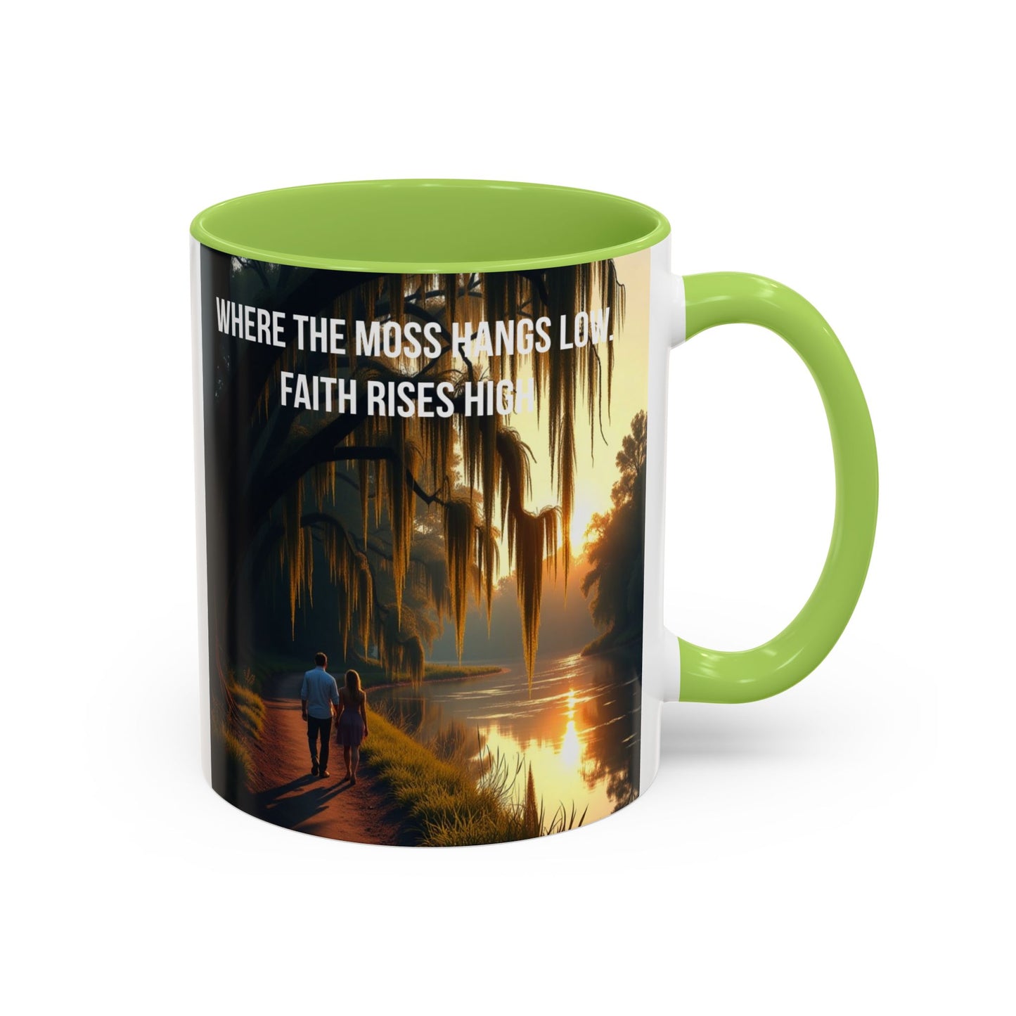 Accent Coffee Mug — "Where the Moss Hangs Low, Faith Rises High" Scenic Faith Inspirational Mug