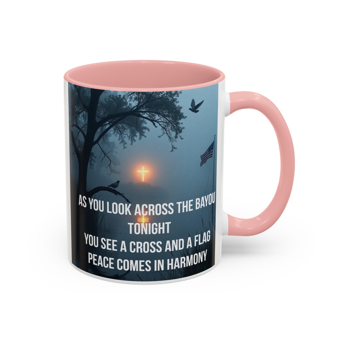Bayou Cross & Flag Coffee Mug — Inspirational Southern Scene with Peaceful Verse (11/15 oz)