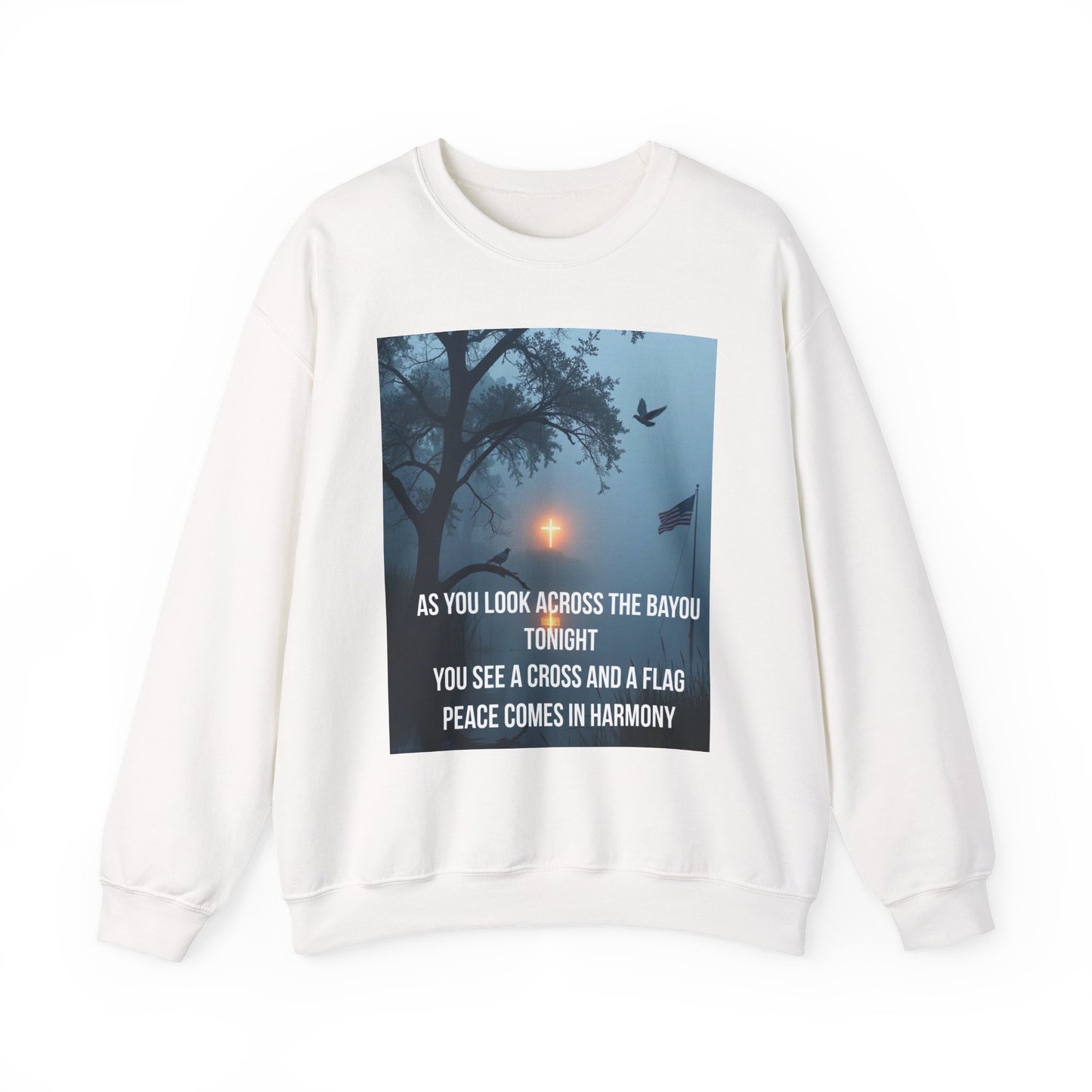 Crewneck Sweatshirt — Bayou Nightscape with Lyrics: "As You Look Across the Bayou Tonight"