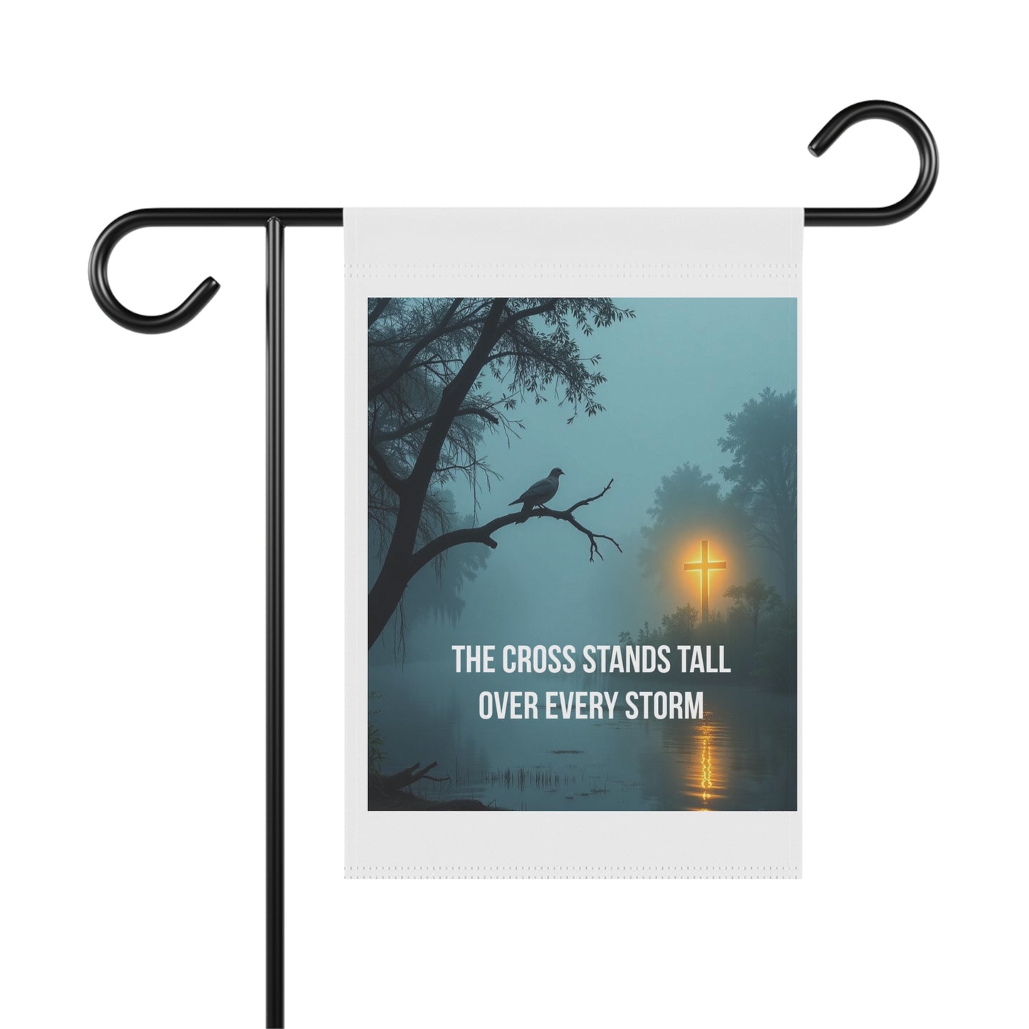 Faith Garden Flag — "The Cross Stands Tall Over Every Storm" Religious Outdoor Banner