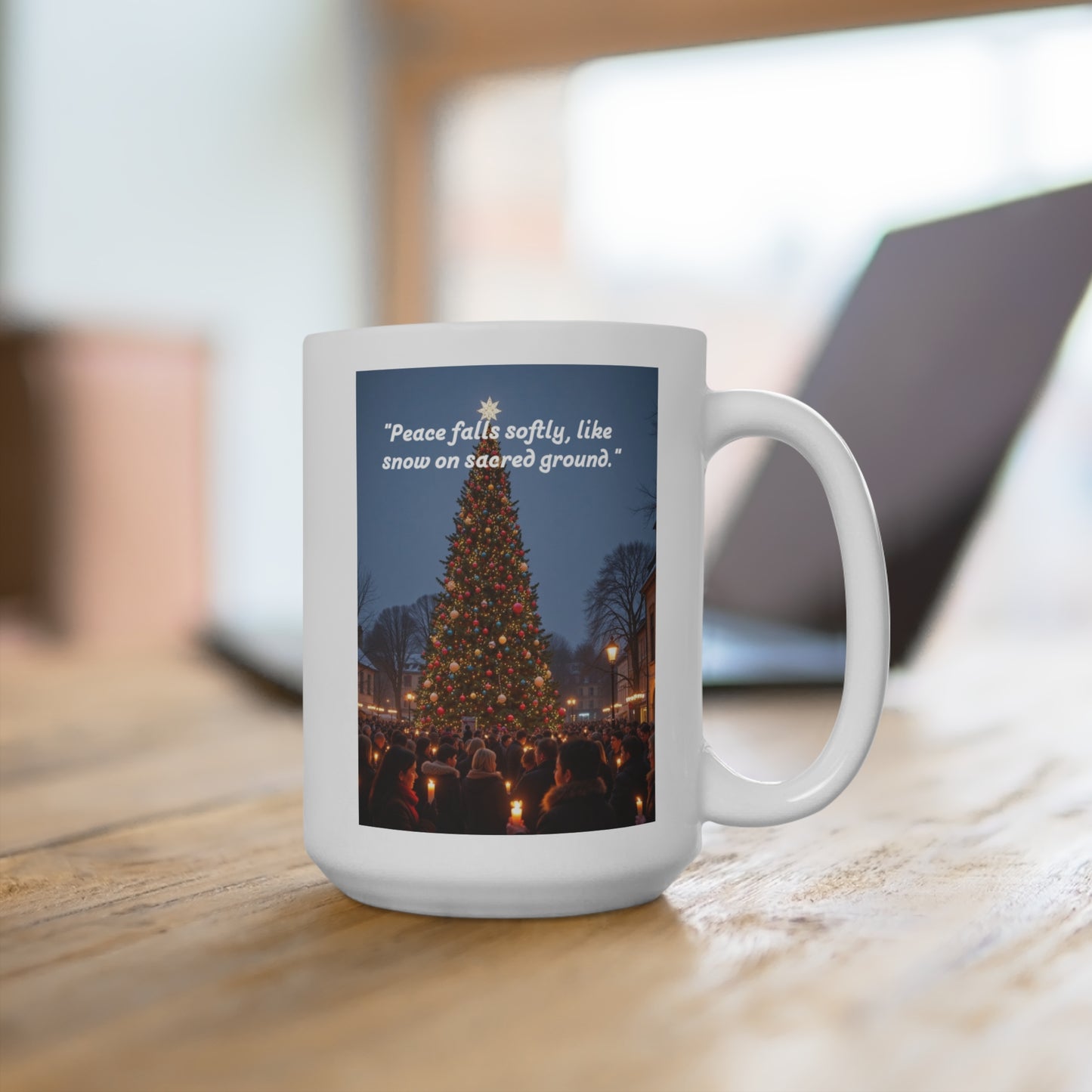 peace falls softly, like snow on scared ground mug