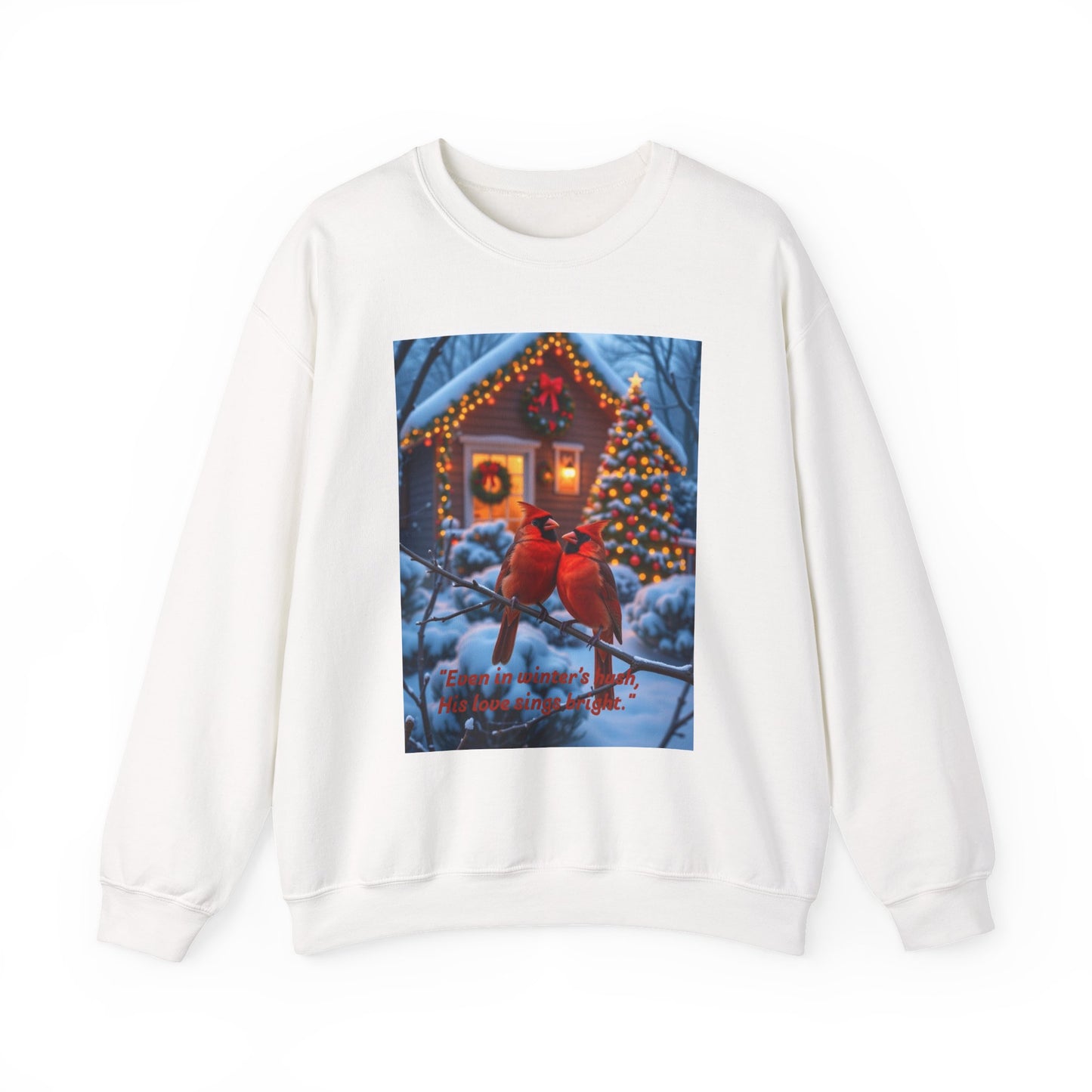 Two red cardinals perched outside a glowing cabin. The message, “Even in winter’s hush, His love sings bright,”