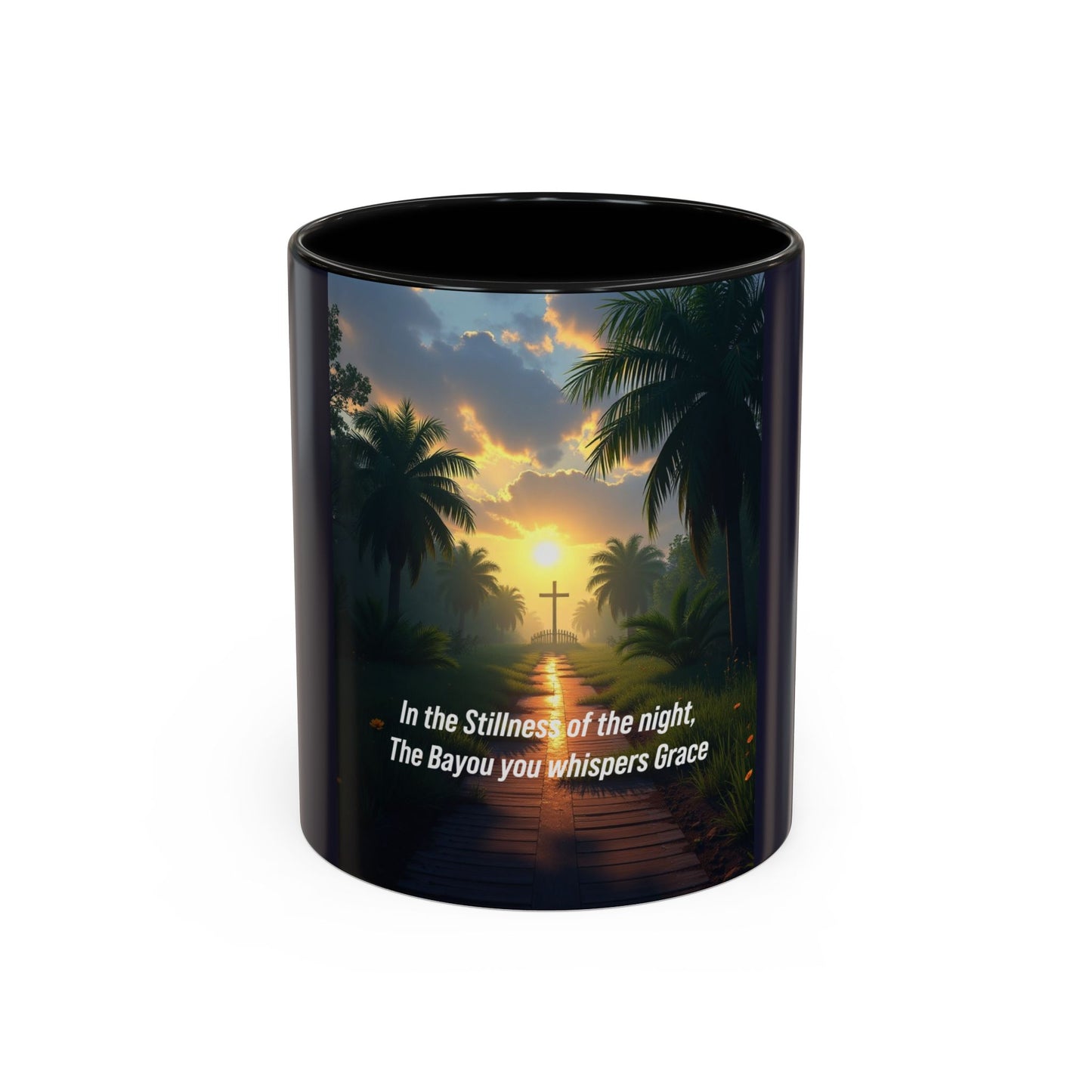 Accent Coffee Mug — Tranquil Bayou Sunset Mug with Cross & Inspirational Quote