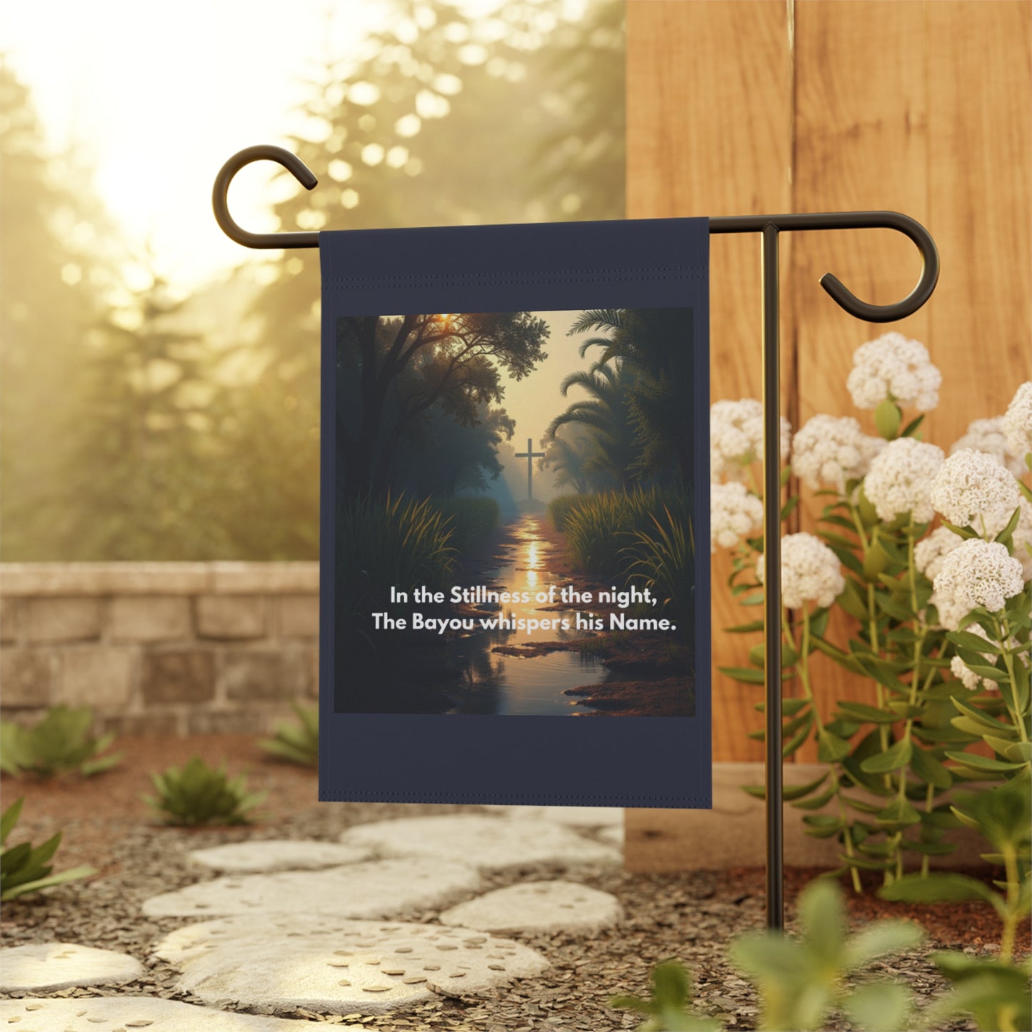 Garden Flag — Bayou Cross Evening Scene with Verse: “In the Stillness of the night, The Bayou whispers his Name.”