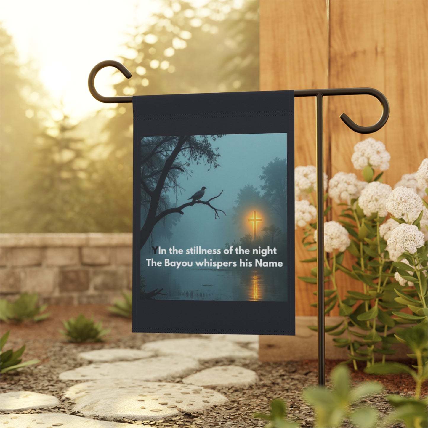 Garden Flag – Bayou Night Scene with Cross & Quote: "In the stillness of the night The Bayou whispers his Name"