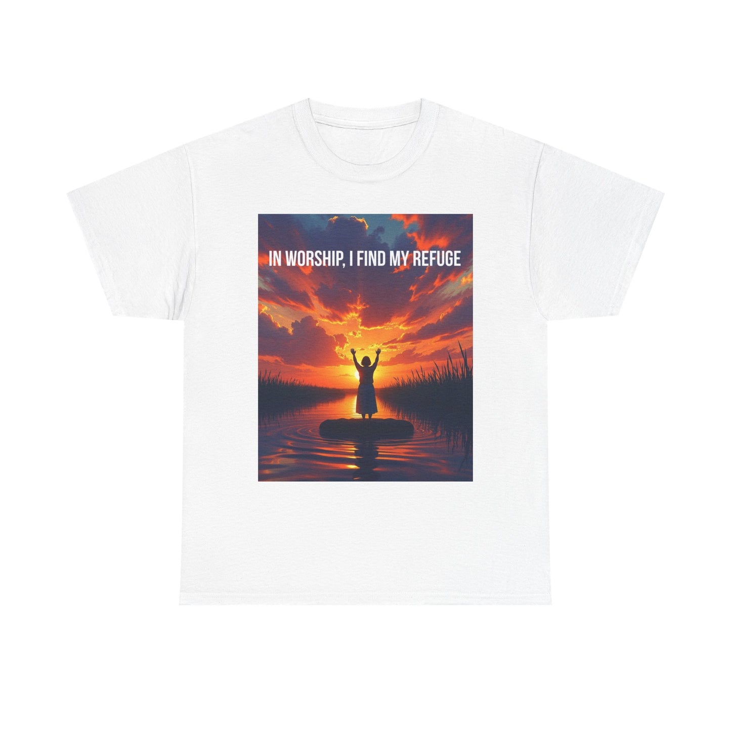 Worship Refuge T-Shirt — "In Worship, I Find My Refuge" Sunset Silhouette Christian Tee