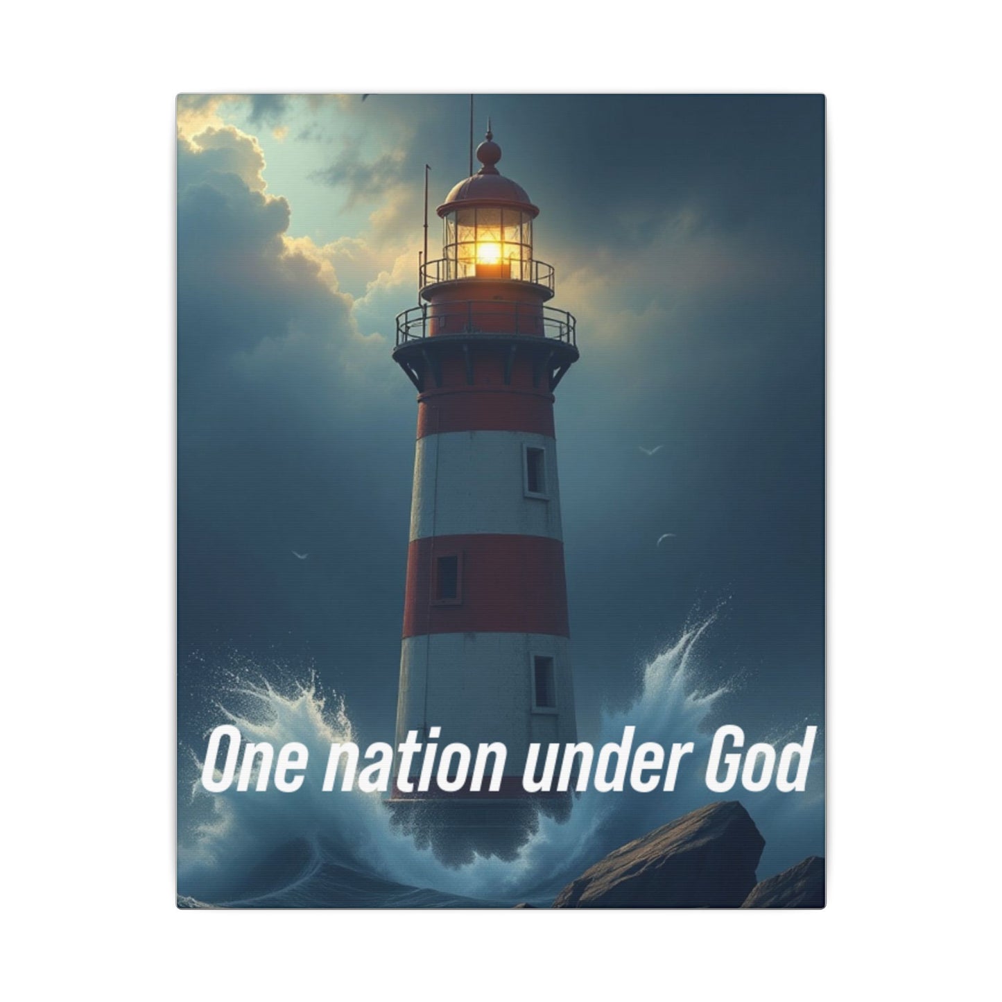 Lighthouse Matte Canvas Wall Art - "One Nation Under God" Patriotic Coastal Print