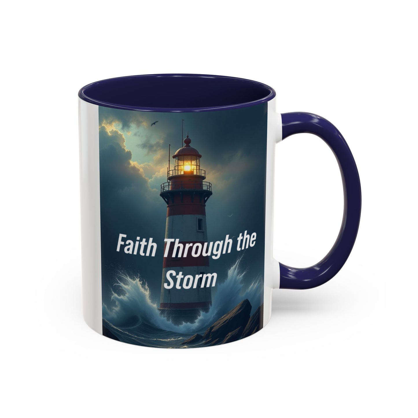Faith Through the Storm Lighthouse Coffee Mug - Inspirational Ceramic Accent Mug
