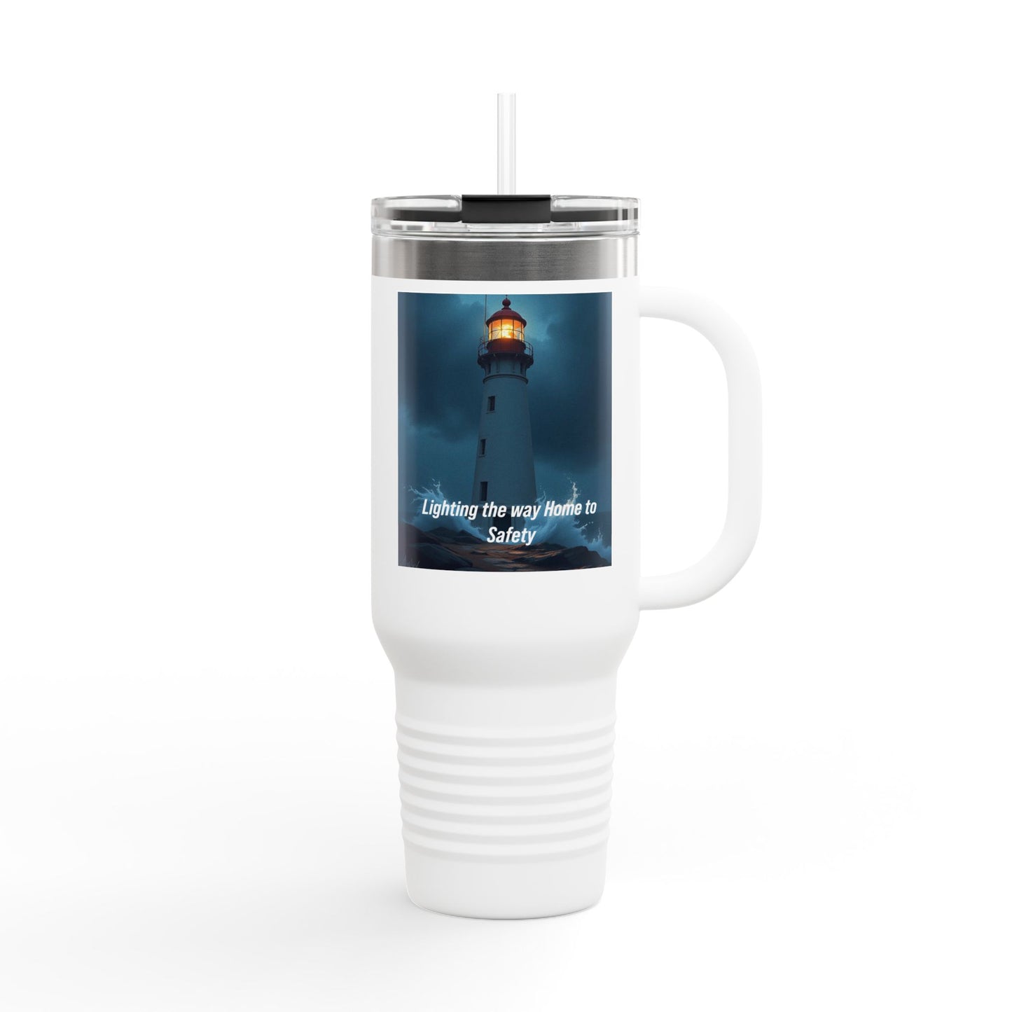 Lighthouse Travel Mug — 40oz Insulated Tumbler with "Lighting the way Home to Safety" Design
