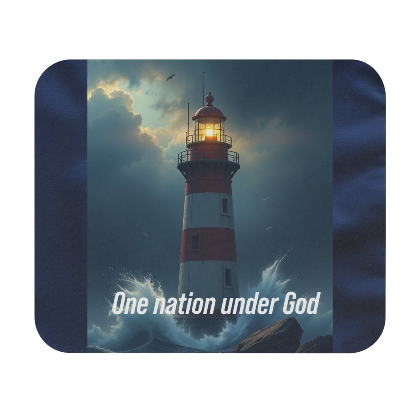 Lighthouse 'One Nation Under God' Rectangle Mouse Pad — Patriotic Coastal Desk Mat