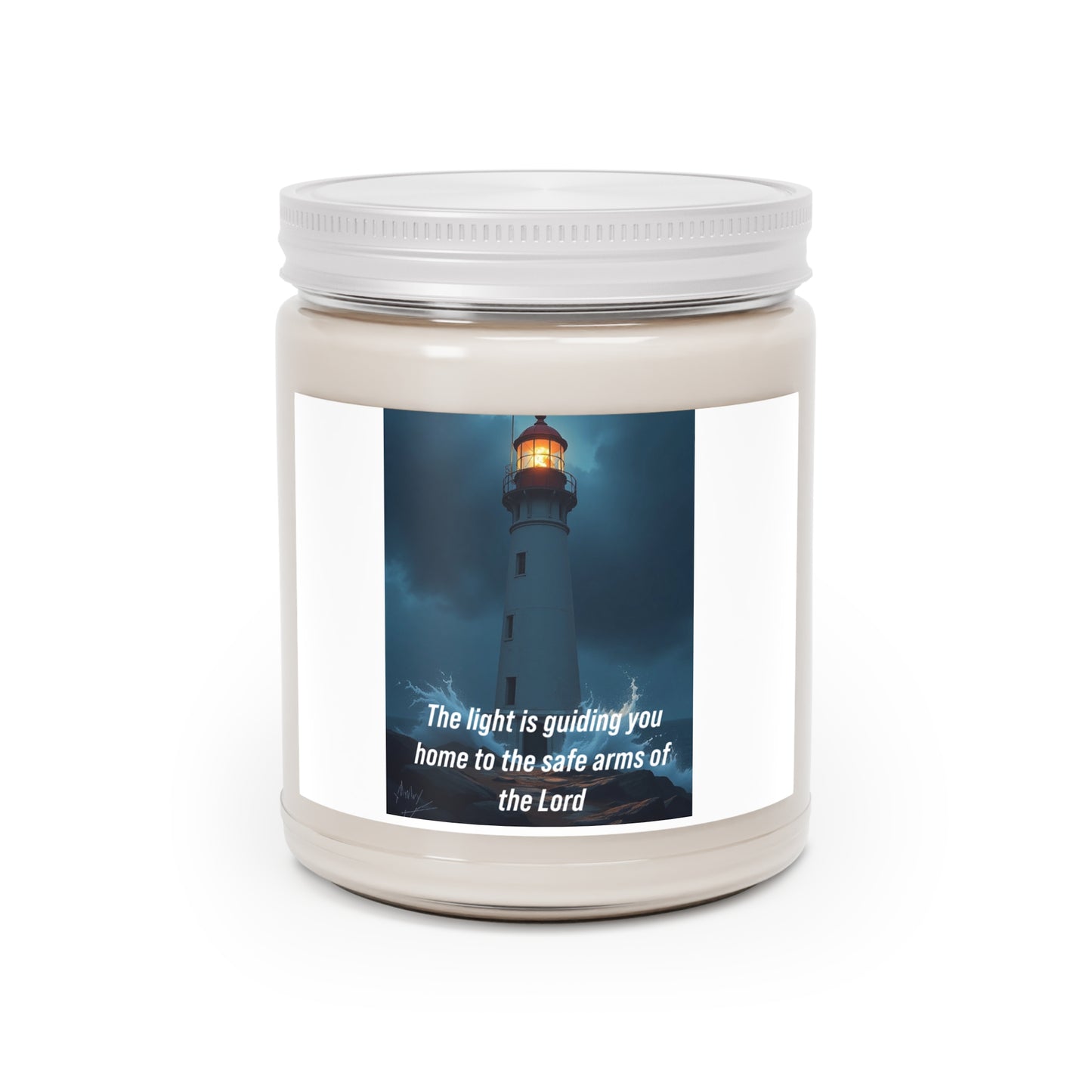 Inspirational Lighthouse Soy Candle - "The light is guiding you home to the safe arms of the Lord" (9oz)