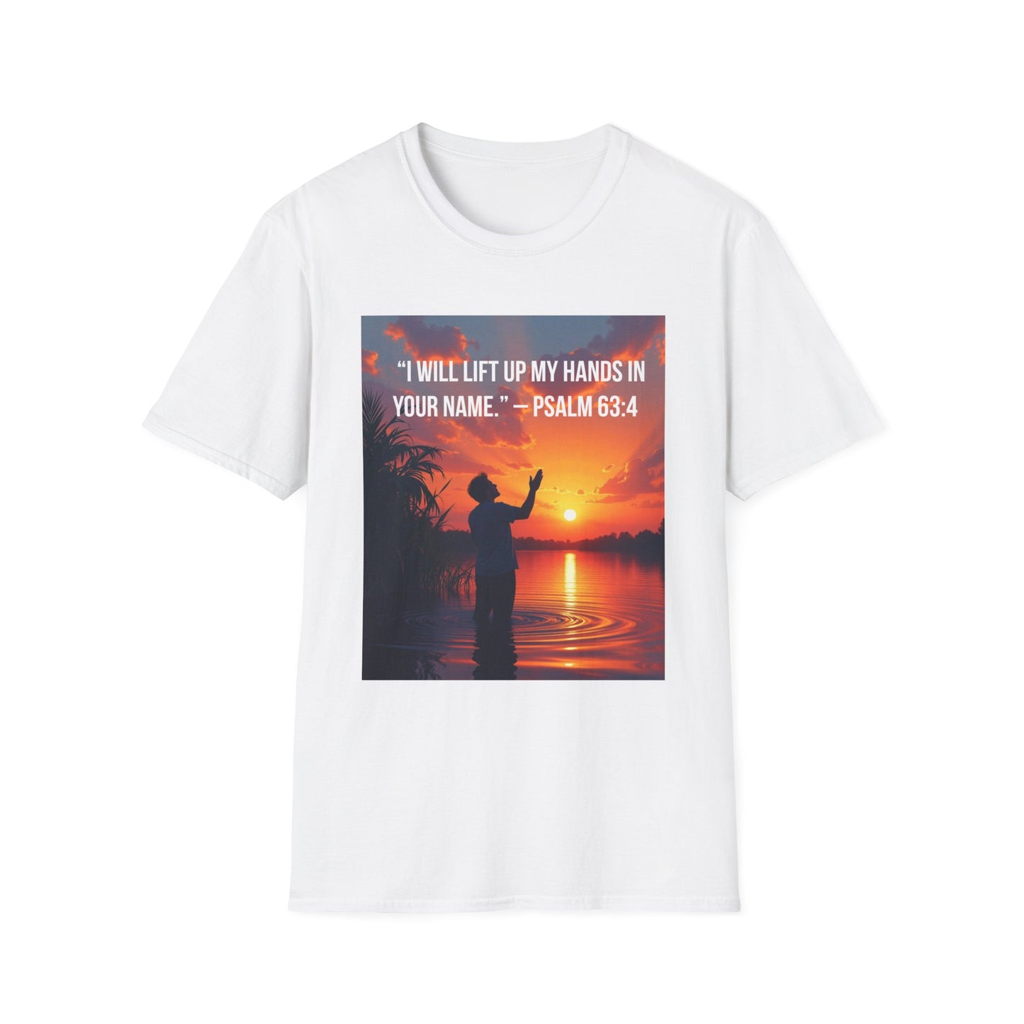 Psalm 63:4 Sunset Prayer T-Shirt — "I Will Lift Up My Hands in Your Name" Christian Tee
