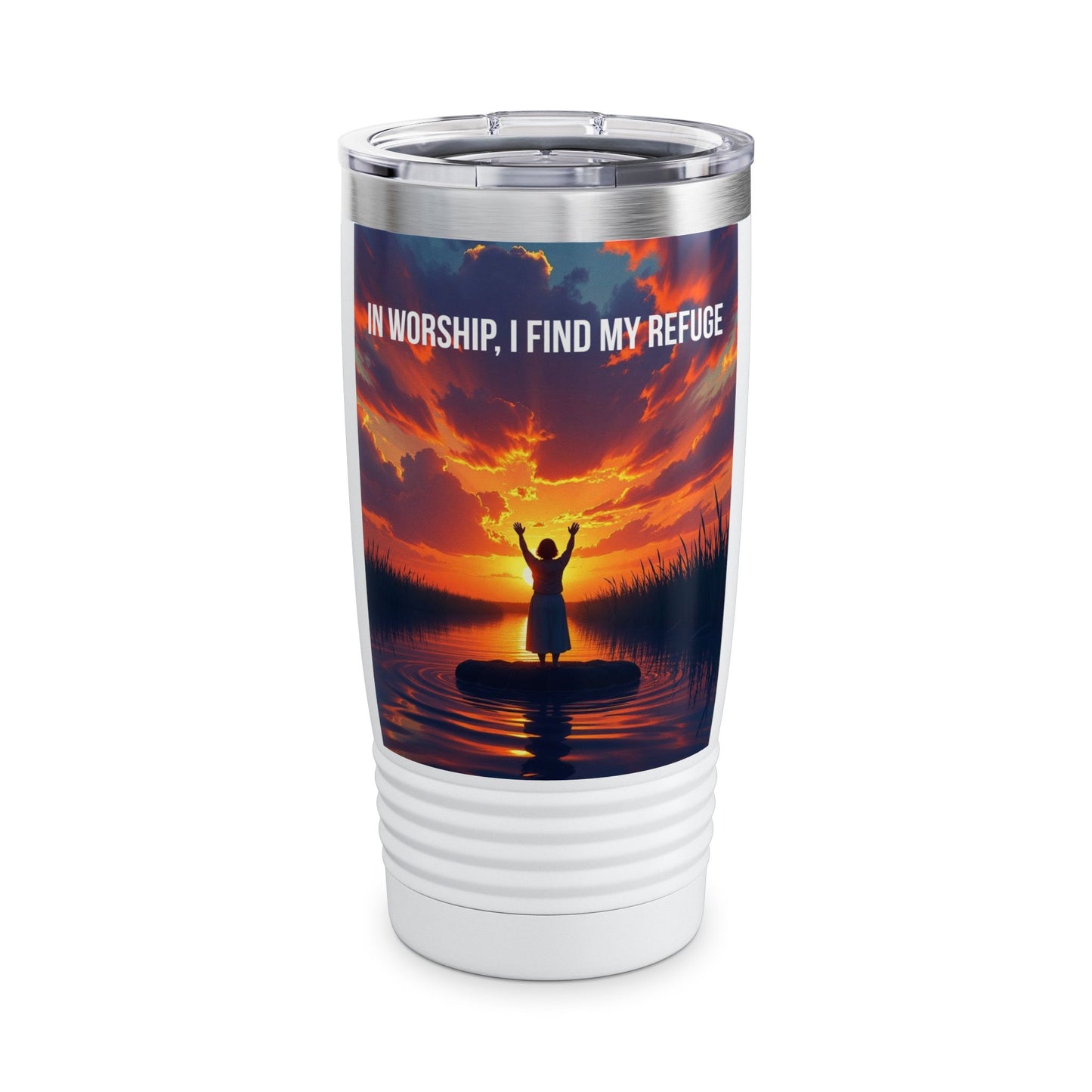 Worship Sunset 20oz Tumbler — "In Worship, I Find My Refuge" Inspirational Travel Mug