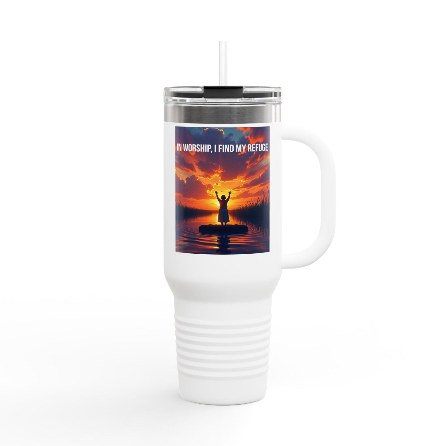 40oz Insulated Travel Mug — "In Worship I Find My Refuge" Sunset Paddleboard Design