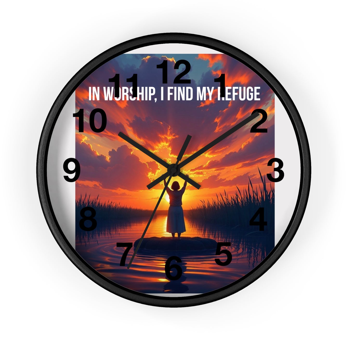 Wall Clock — "In Worship, I Find My Refuge" Sunset Silhouette Christian Clock