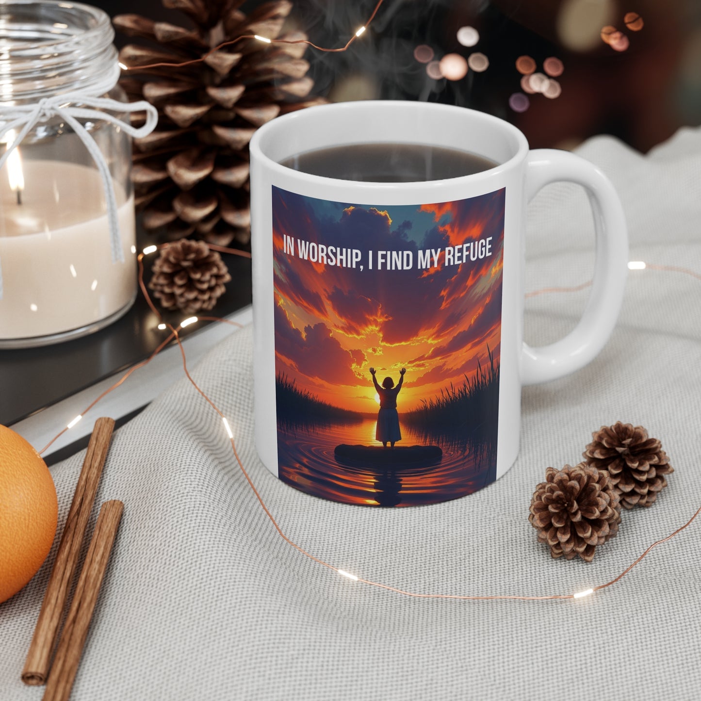 Sunset Lake Mug — "In Worship" Inspirational Ceramic Coffee Cup